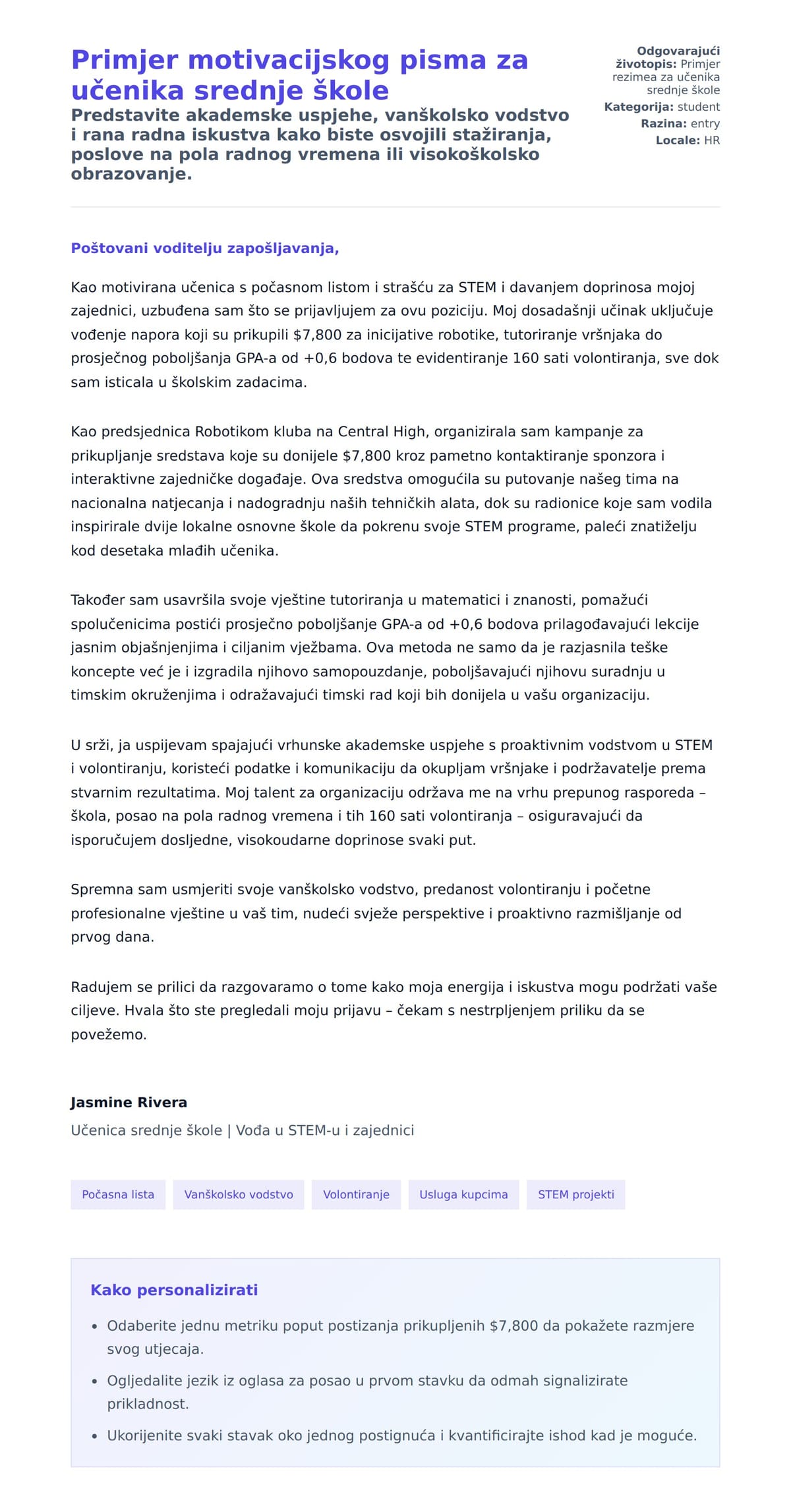 Pregled motivacijskog pisma za Primjer motivacijskog pisma za učenika srednje škole