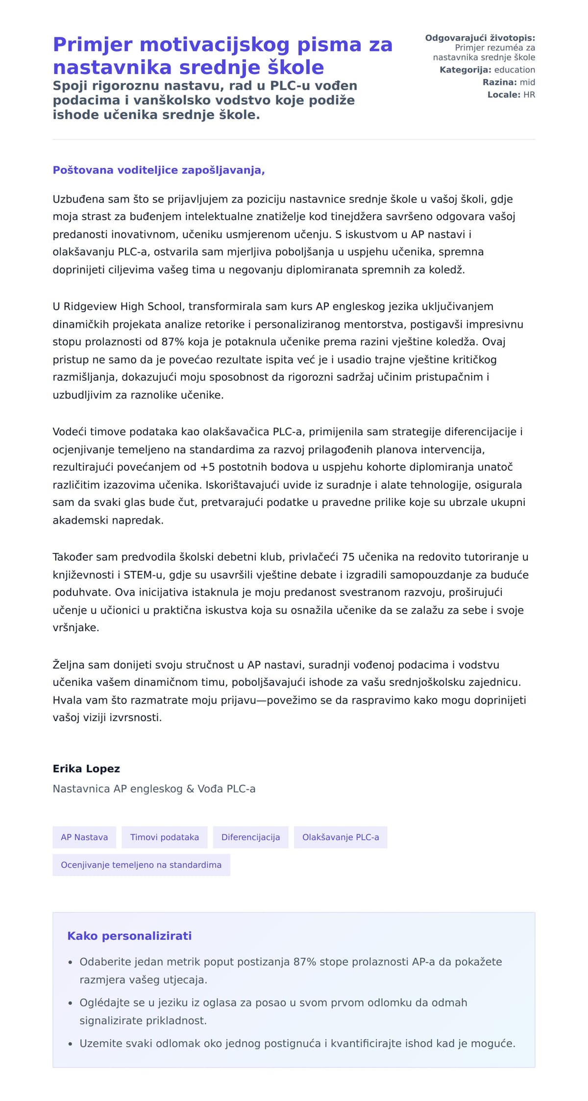 Pregled motivacijskog pisma za Primjer motivacijskog pisma za nastavnika srednje škole