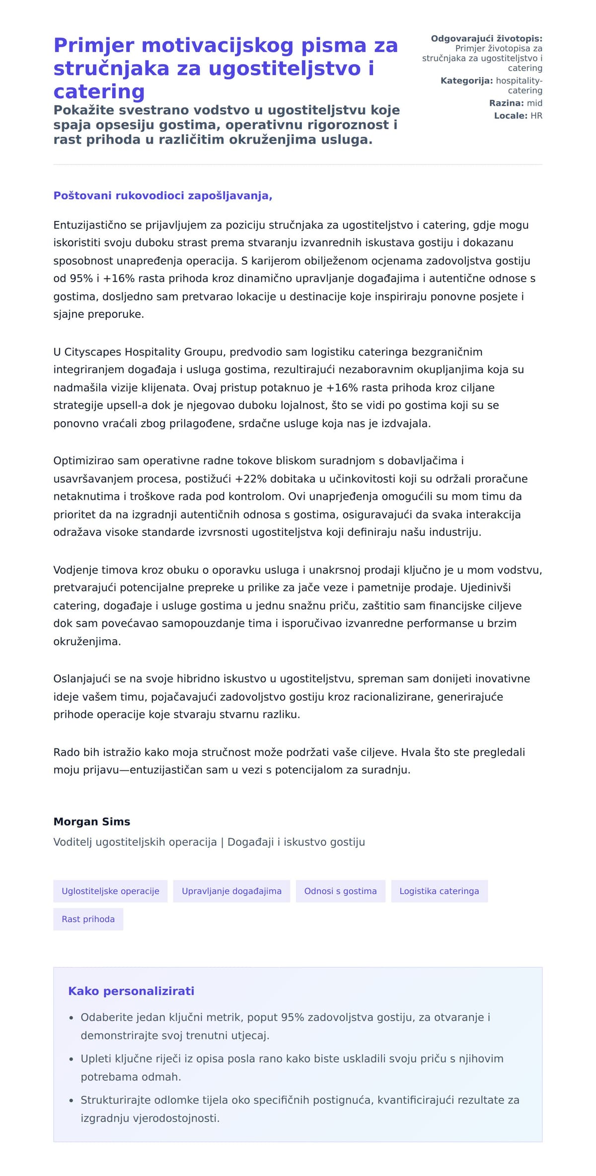 Pregled motivacijskog pisma za Primjer motivacijskog pisma za stručnjaka za ugostiteljstvo i catering