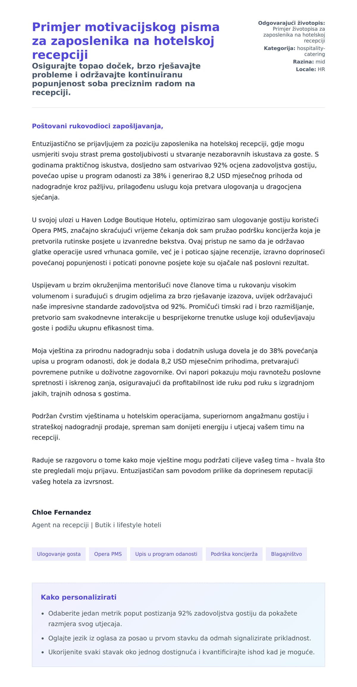 Pregled motivacijskog pisma za Primjer motivacijskog pisma za zaposlenika na hotelskoj recepciji