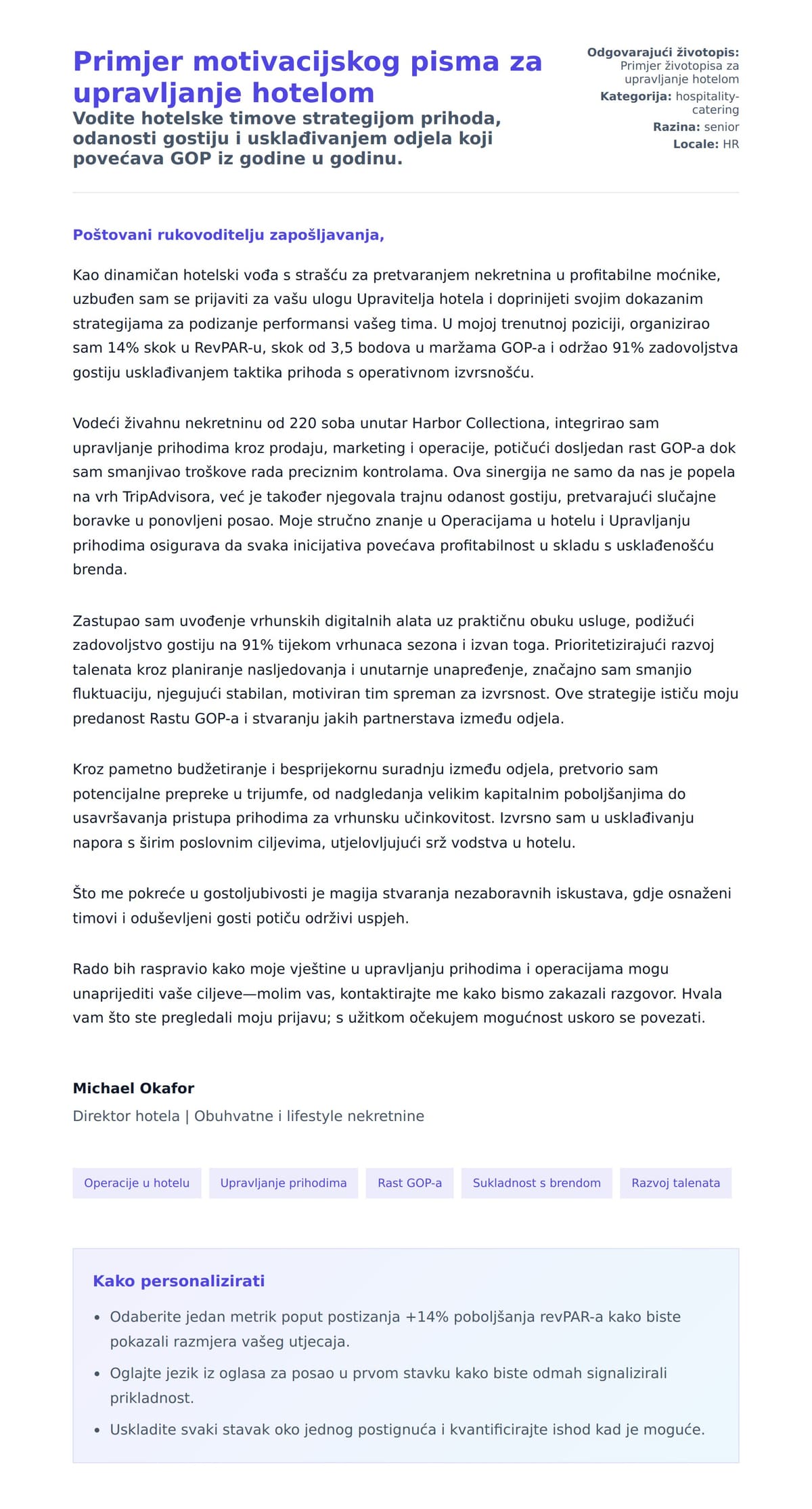 Pregled motivacijskog pisma za Primjer motivacijskog pisma za upravljanje hotelom