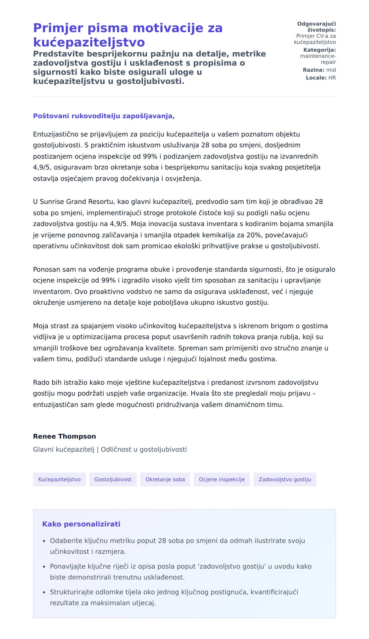 Pregled motivacijskog pisma za Primjer pisma motivacije za kućepaziteljstvo