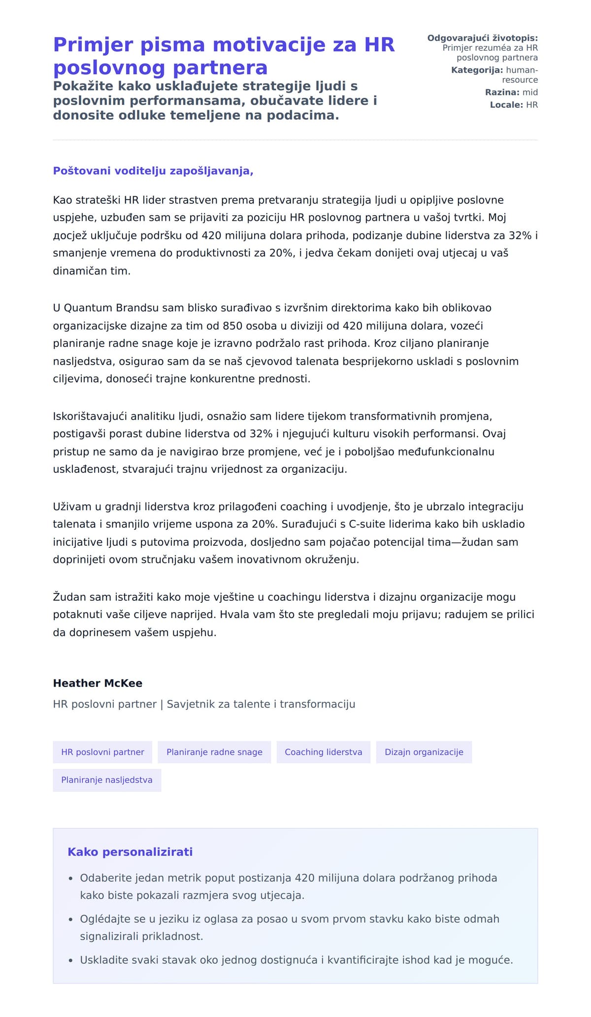 Pregled motivacijskog pisma za Primjer pisma motivacije za HR poslovnog partnera