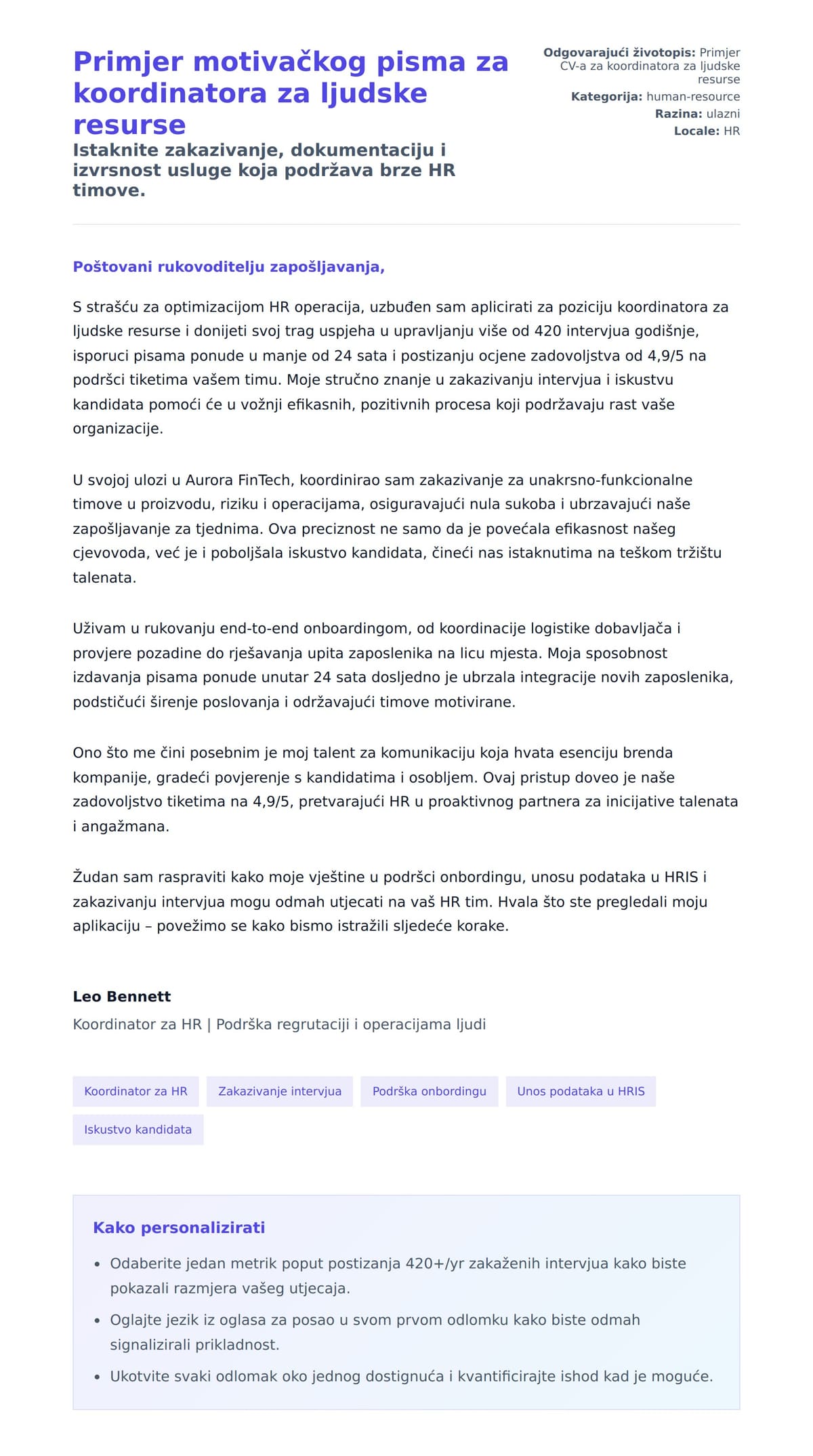 Pregled motivacijskog pisma za Primjer motivačkog pisma za koordinatora za ljudske resurse