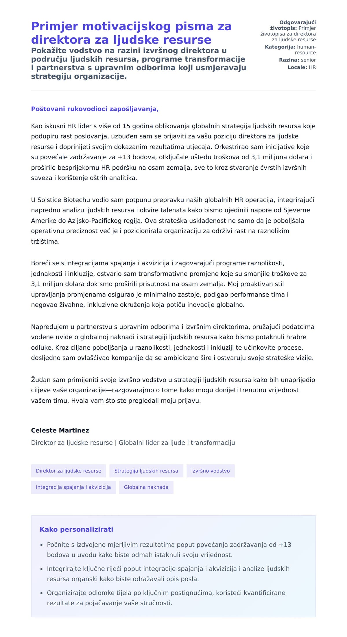 Pregled motivacijskog pisma za Primjer motivacijskog pisma za direktora za ljudske resurse