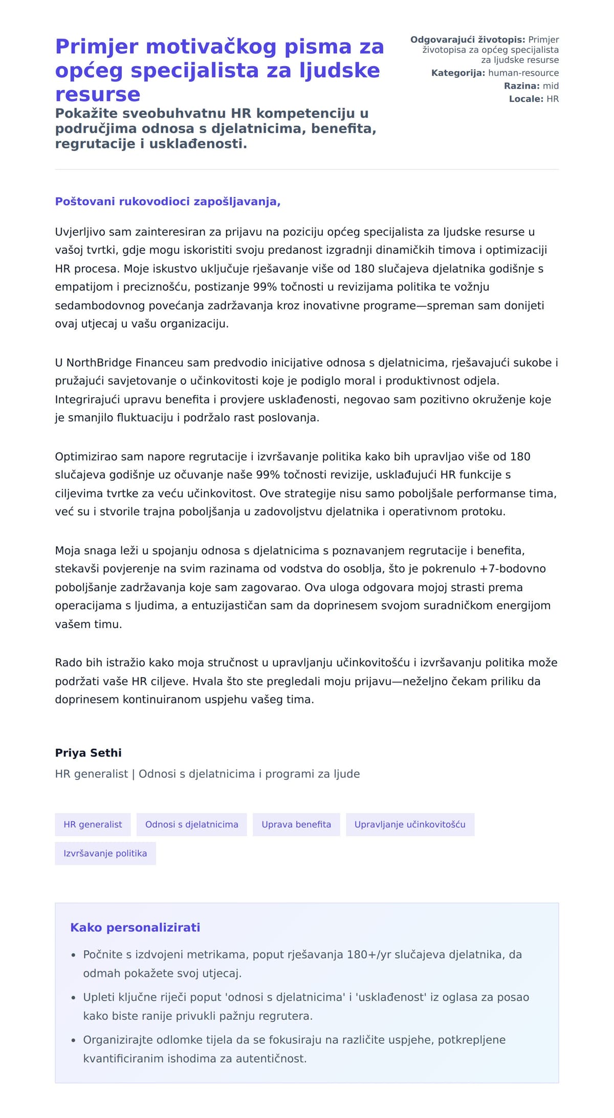 Pregled motivacijskog pisma za Primjer motivačkog pisma za općeg specijalista za ljudske resurse