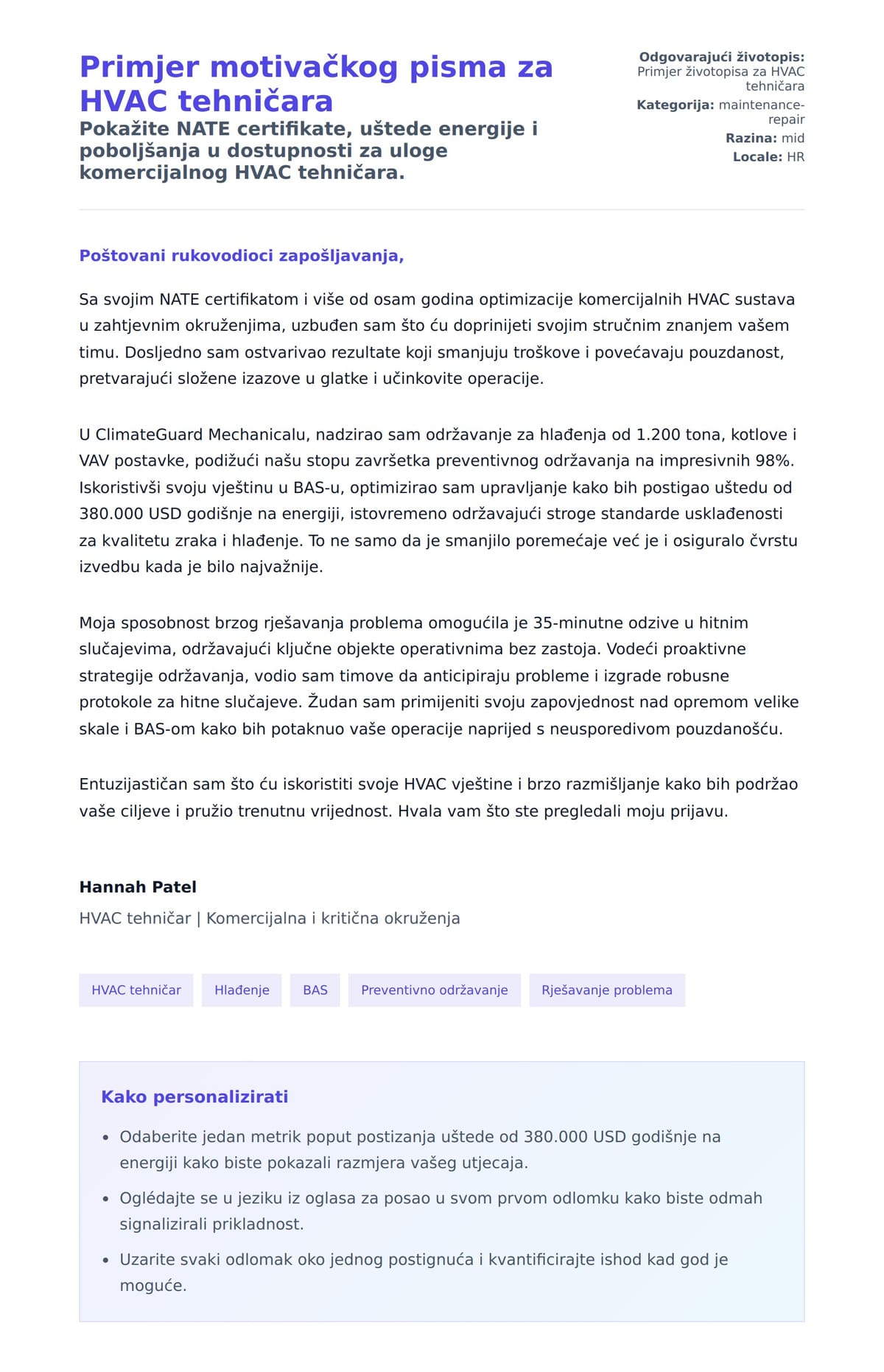 Pregled motivacijskog pisma za Primjer motivačkog pisma za HVAC tehničara