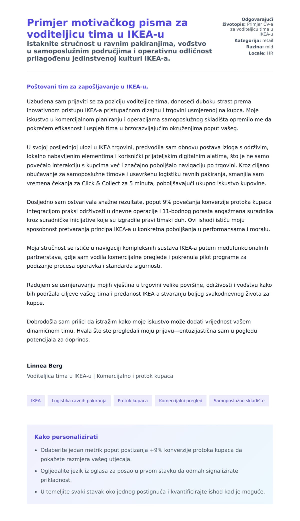 Pregled motivacijskog pisma za Primjer motivačkog pisma za voditeljicu tima u IKEA-u