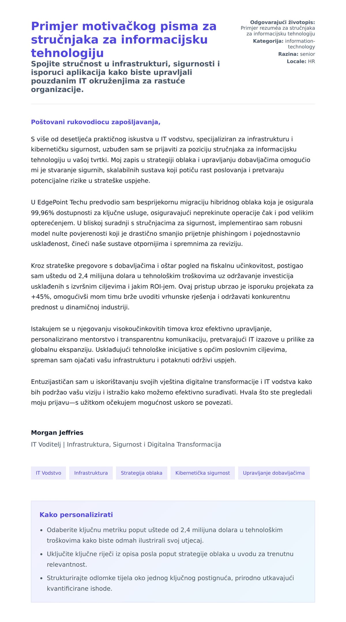 Pregled motivacijskog pisma za Primjer motivačkog pisma za stručnjaka za informacijsku tehnologiju