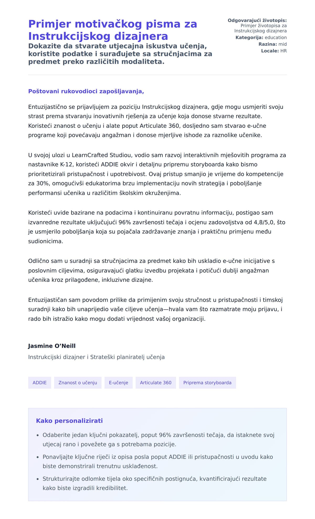 Pregled motivacijskog pisma za Primjer motivačkog pisma za Instrukcijskog dizajnera