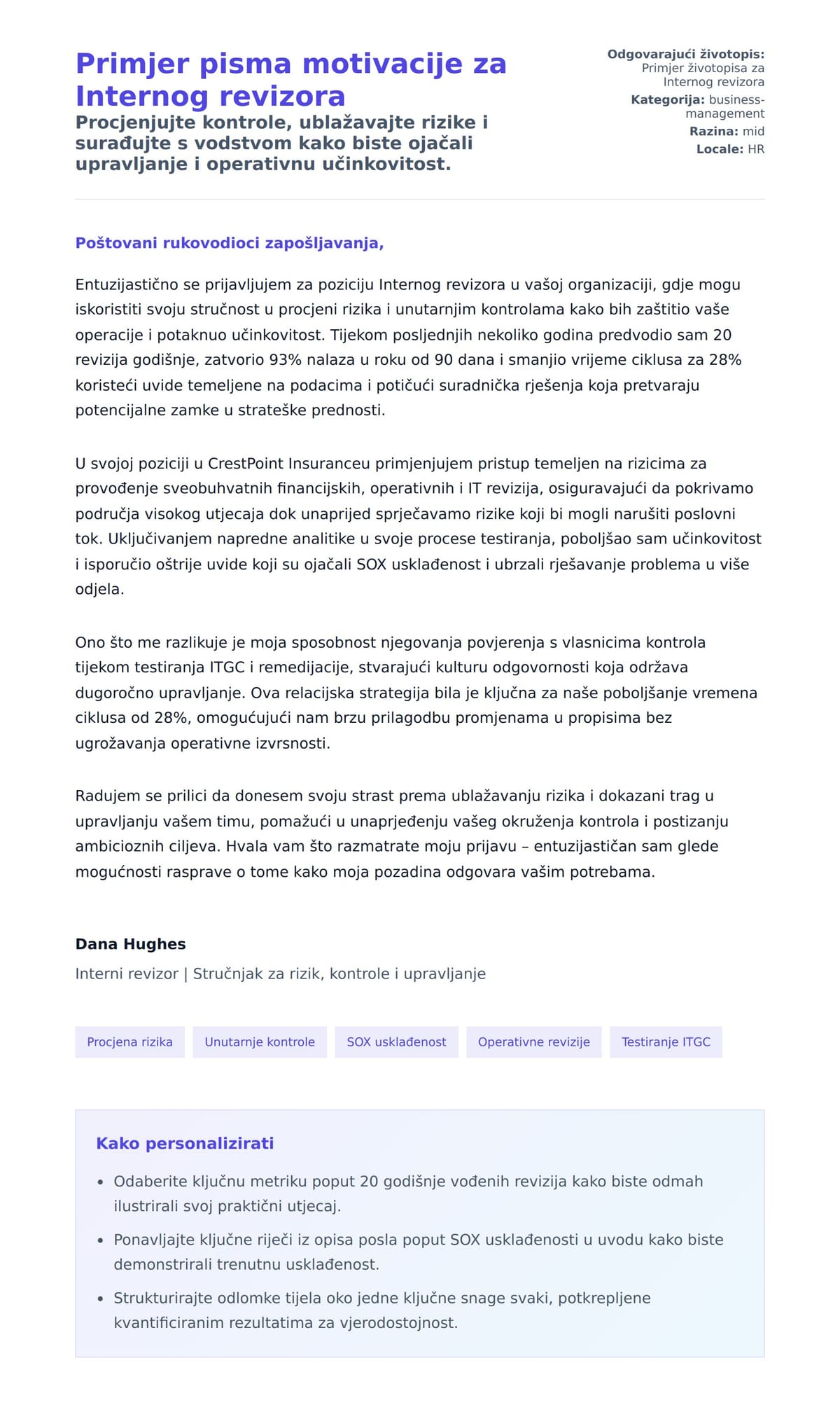 Pregled motivacijskog pisma za Primjer pisma motivacije za Internog revizora