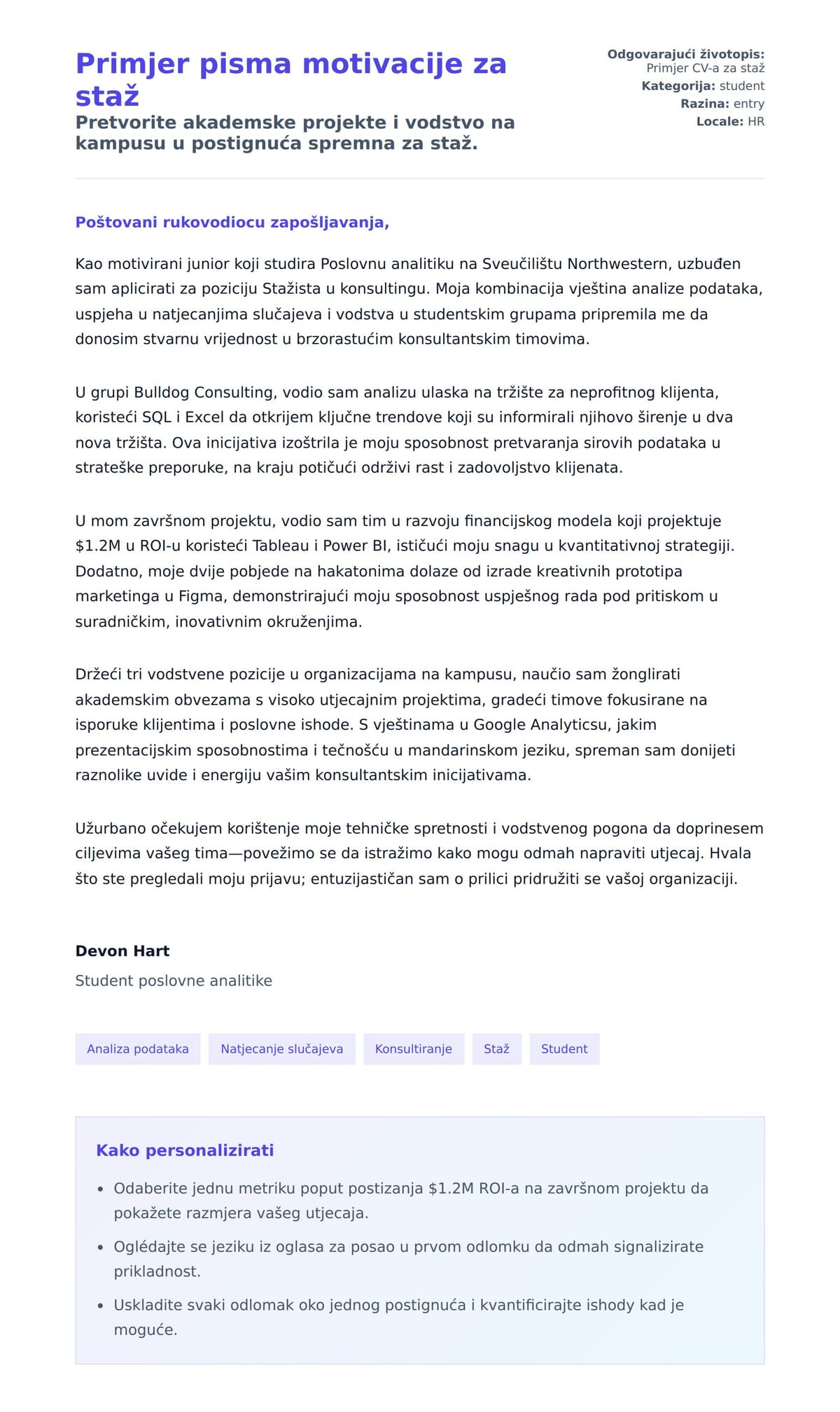 Pregled motivacijskog pisma za Primjer pisma motivacije za staž