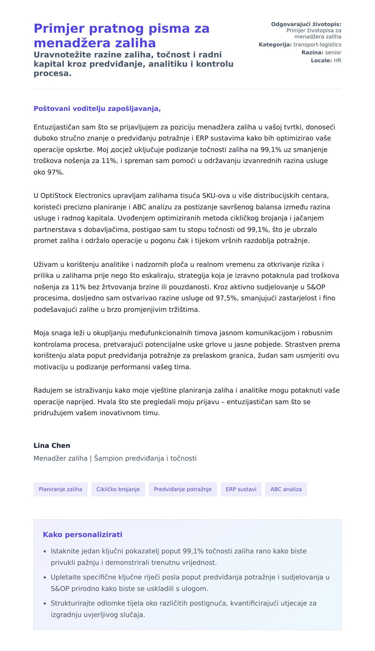 Pregled motivacijskog pisma za Primjer pratnog pisma za menadžera zaliha
