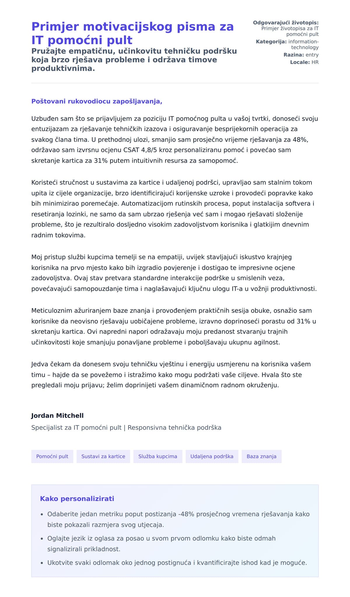 Pregled motivacijskog pisma za Primjer motivacijskog pisma za IT pomoćni pult