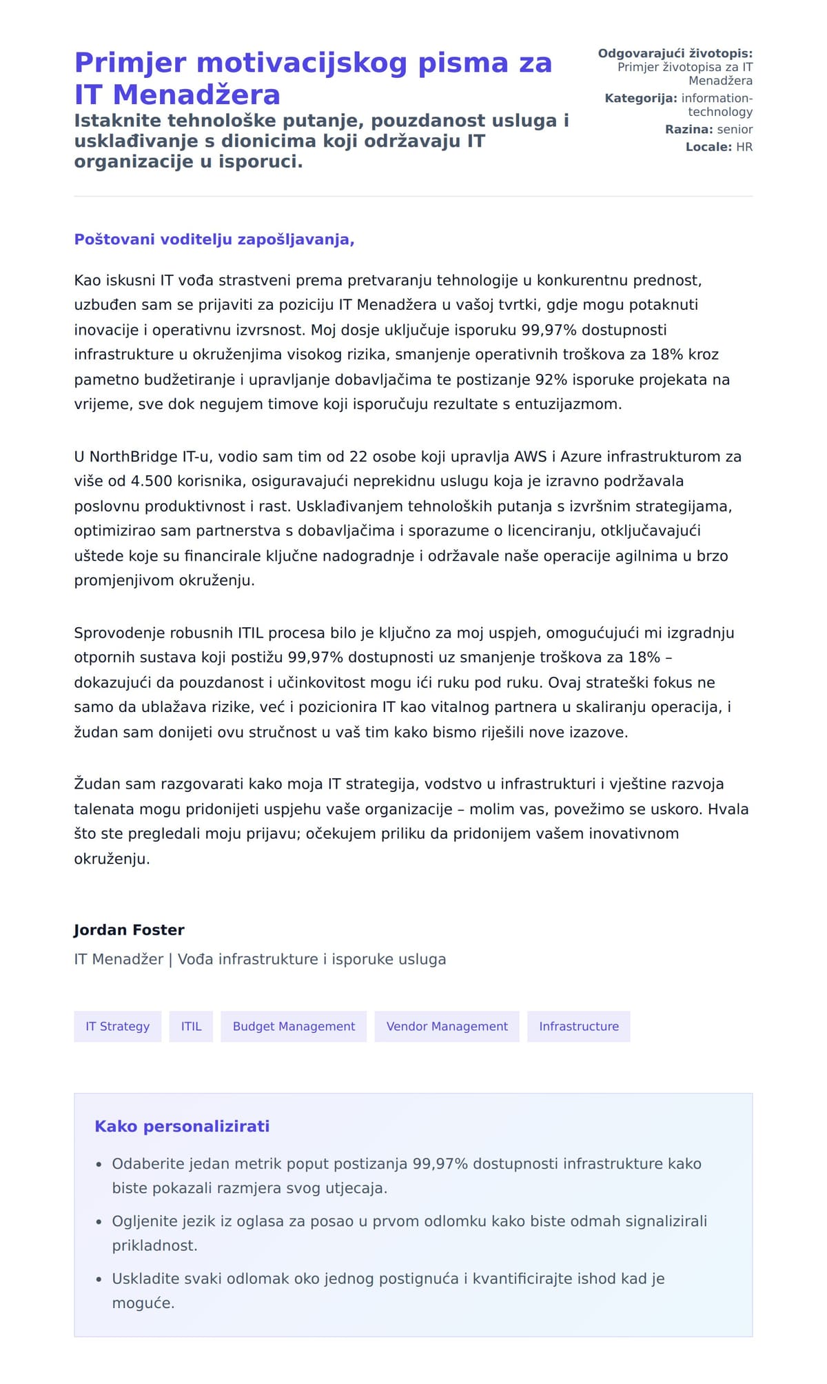 Pregled motivacijskog pisma za Primjer motivacijskog pisma za IT Menadžera