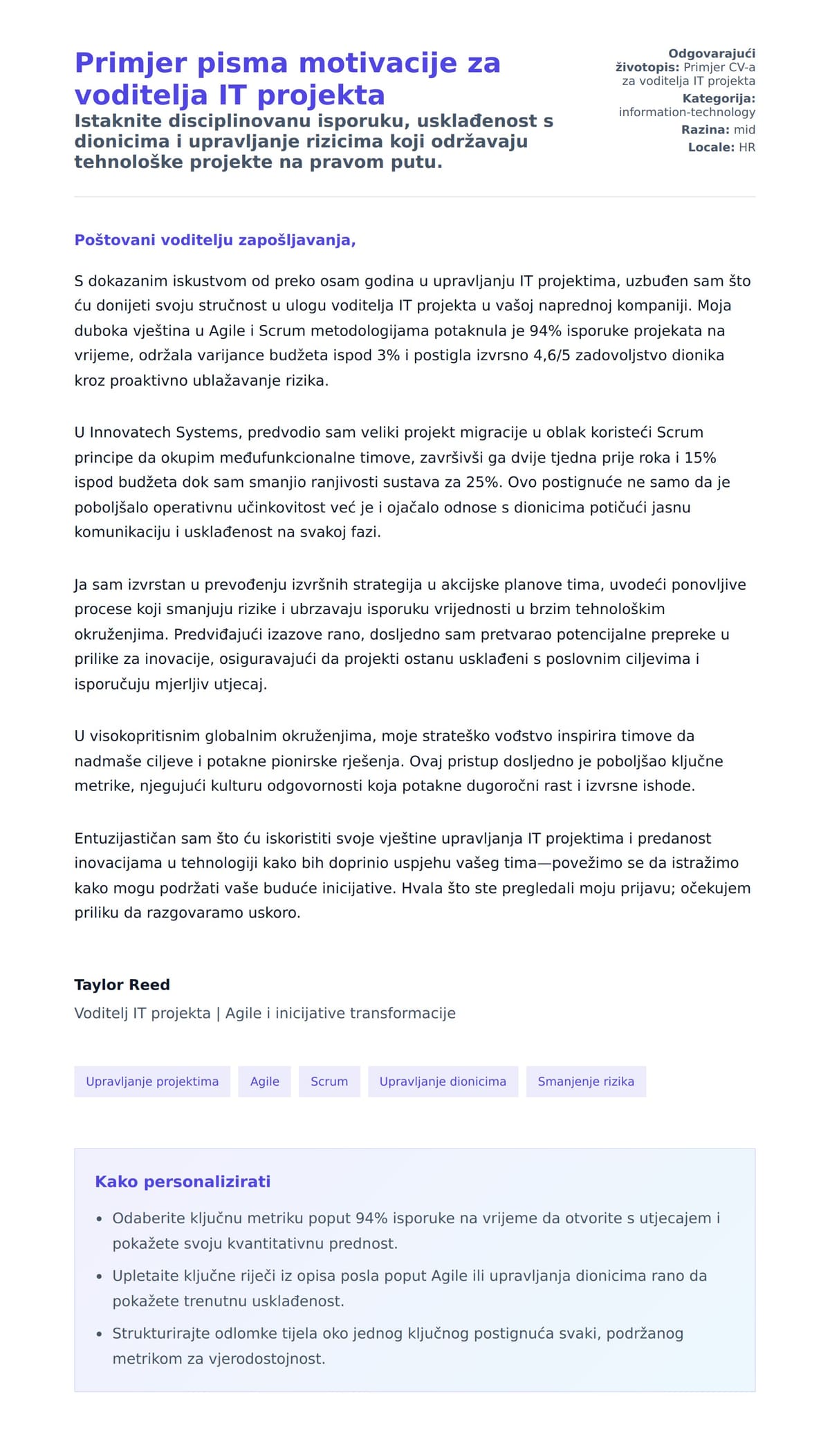 Pregled motivacijskog pisma za Primjer pisma motivacije za voditelja IT projekta