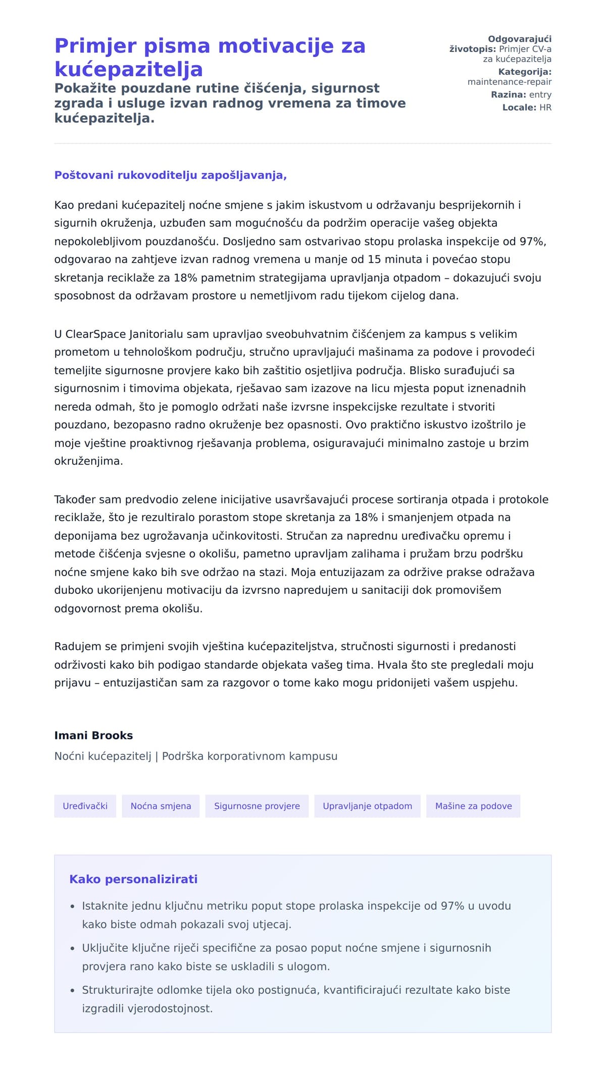 Pregled motivacijskog pisma za Primjer pisma motivacije za kućepazitelja