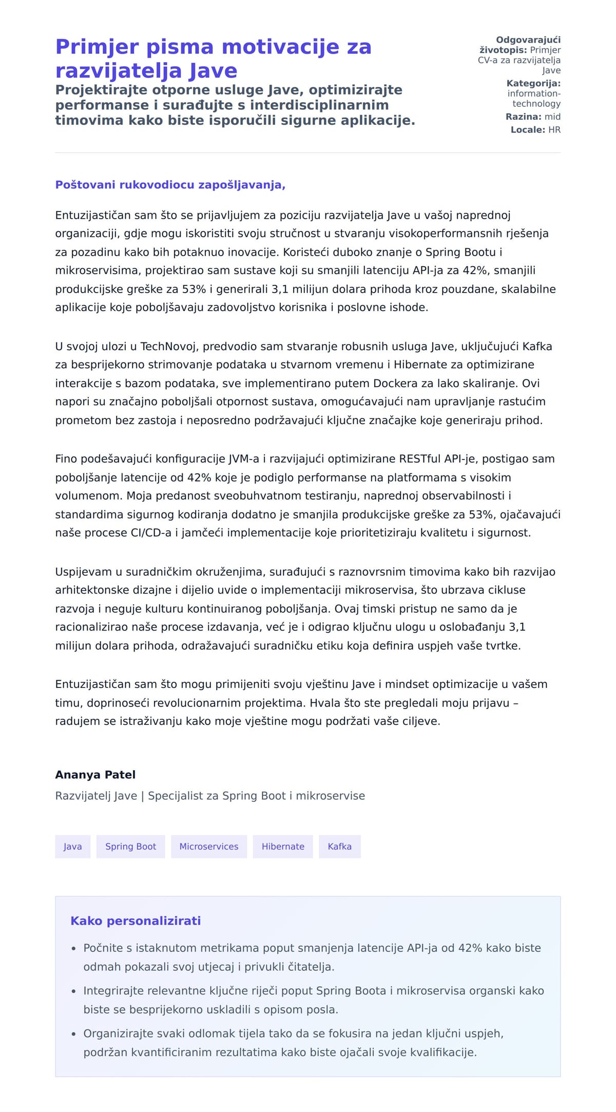 Pregled motivacijskog pisma za Primjer pisma motivacije za razvijatelja Jave