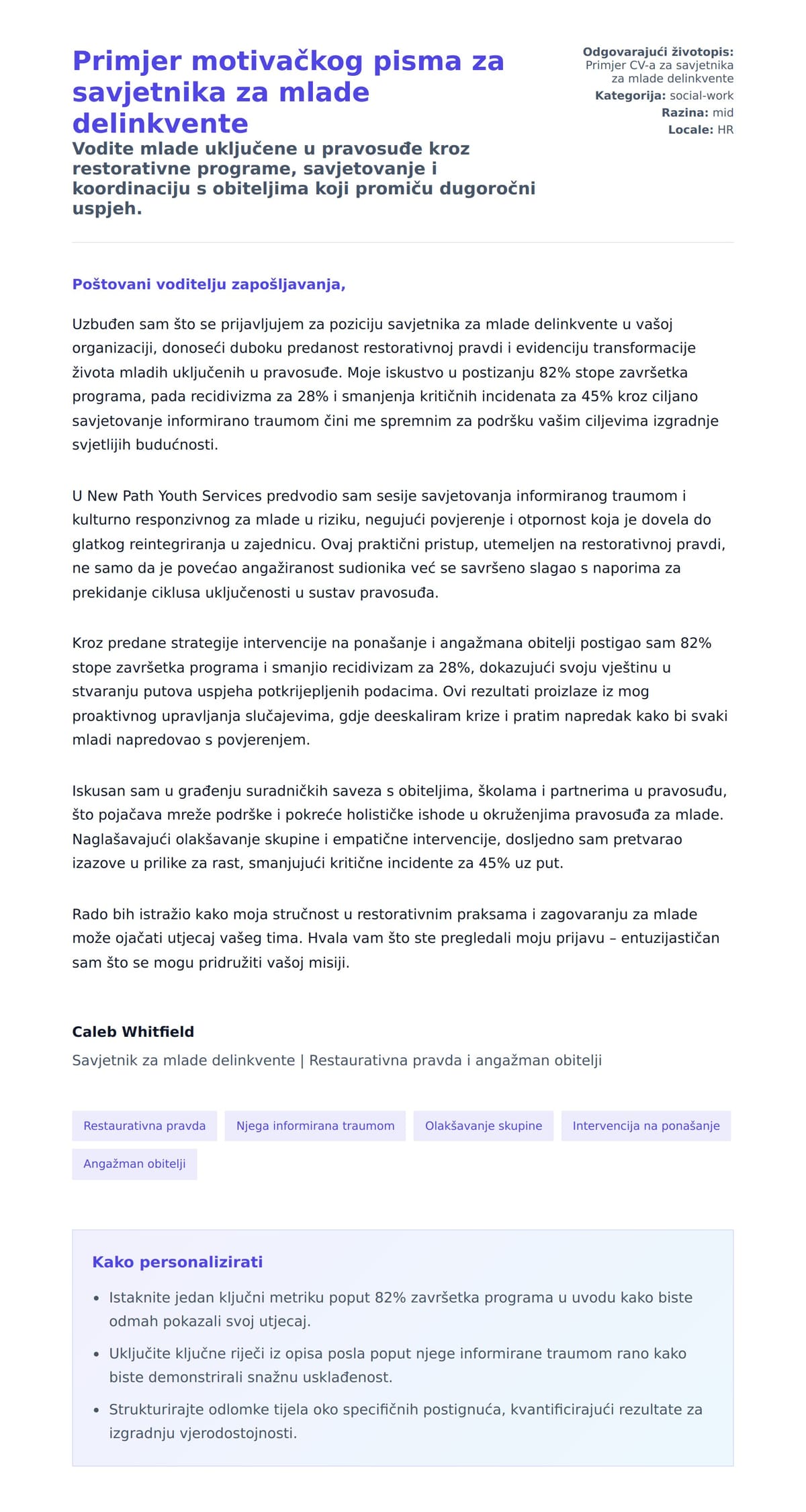 Pregled motivacijskog pisma za Primjer motivačkog pisma za savjetnika za mlade delinkvente