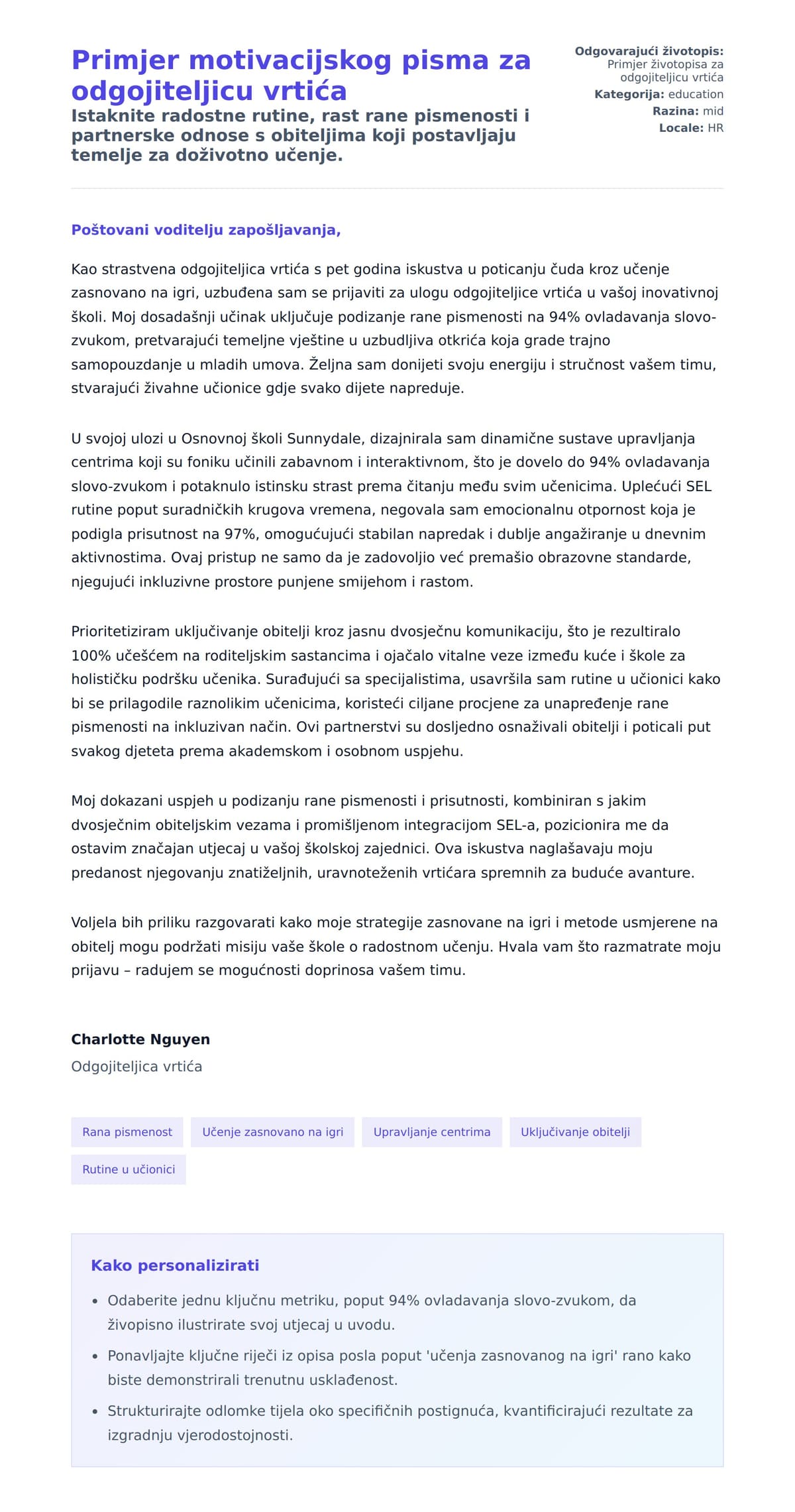 Pregled motivacijskog pisma za Primjer motivacijskog pisma za odgojiteljicu vrtića
