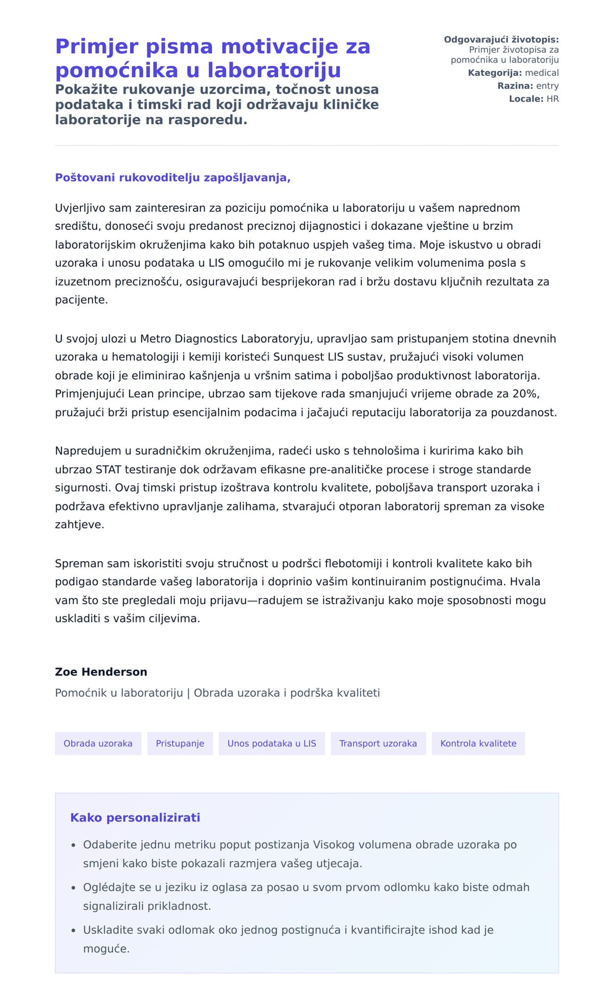 Pregled motivacijskog pisma za Primjer pisma motivacije za pomoćnika u laboratoriju