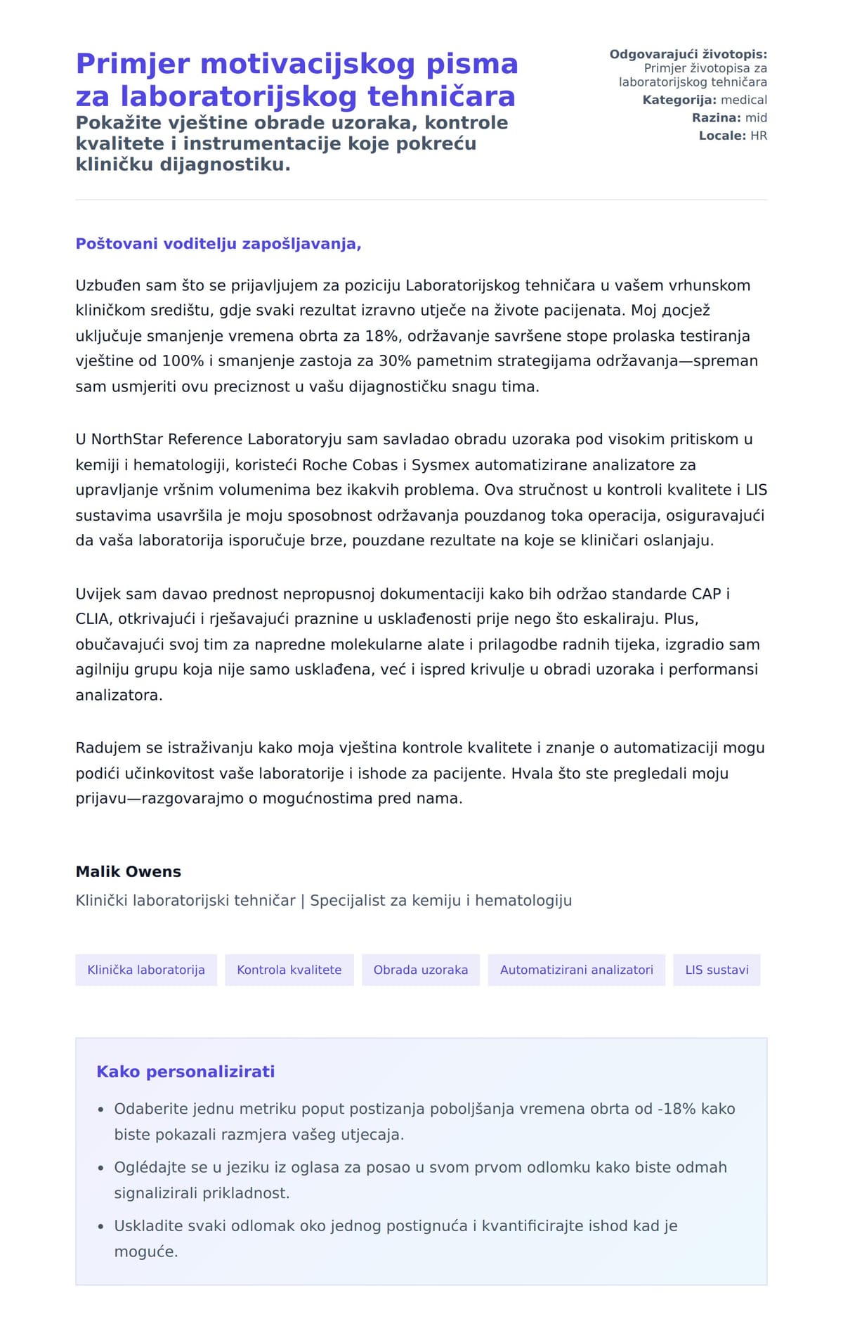 Pregled motivacijskog pisma za Primjer motivacijskog pisma za laboratorijskog tehničara