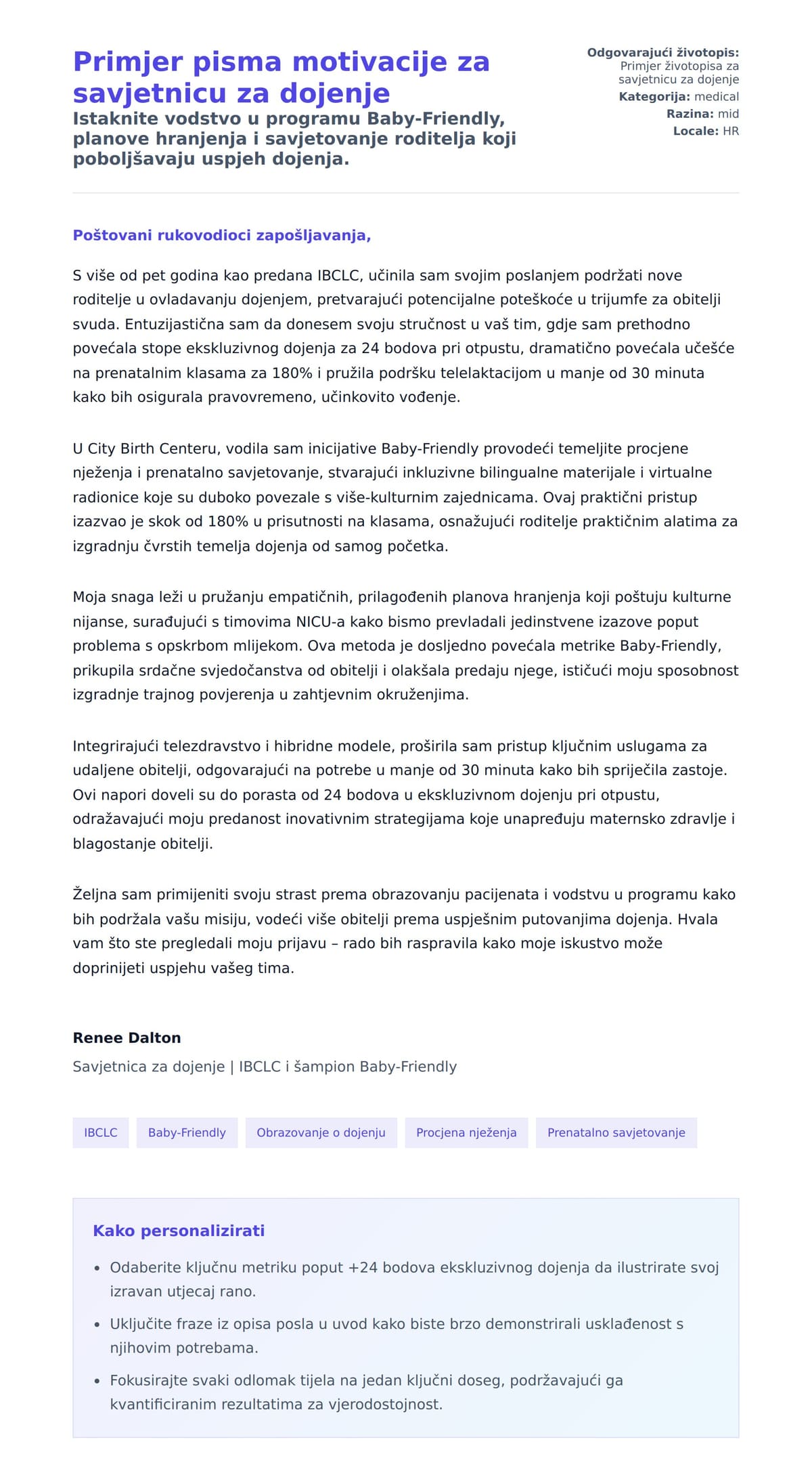 Pregled motivacijskog pisma za Primjer pisma motivacije za savjetnicu za dojenje