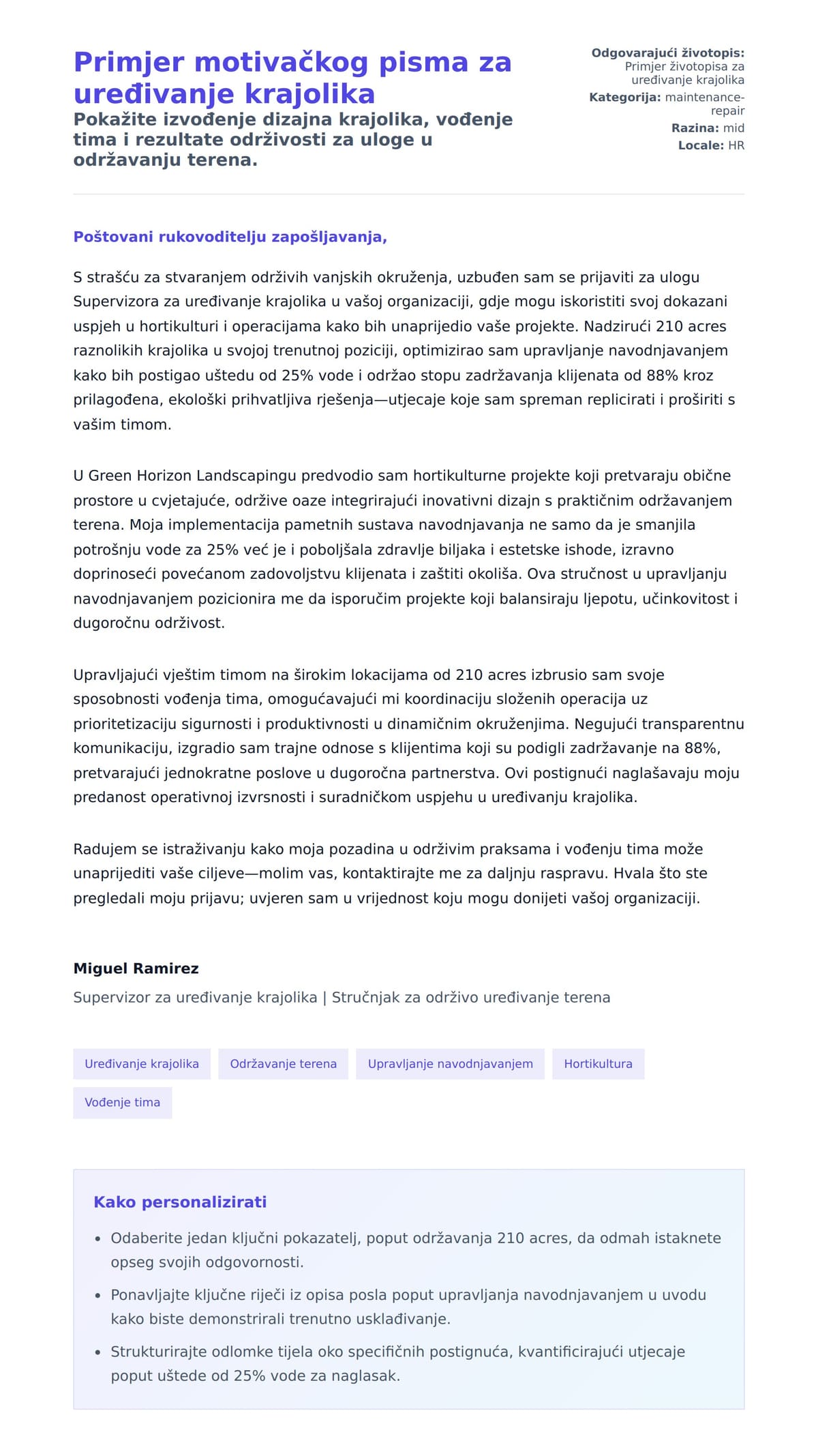 Pregled motivacijskog pisma za Primjer motivačkog pisma za uređivanje krajolika