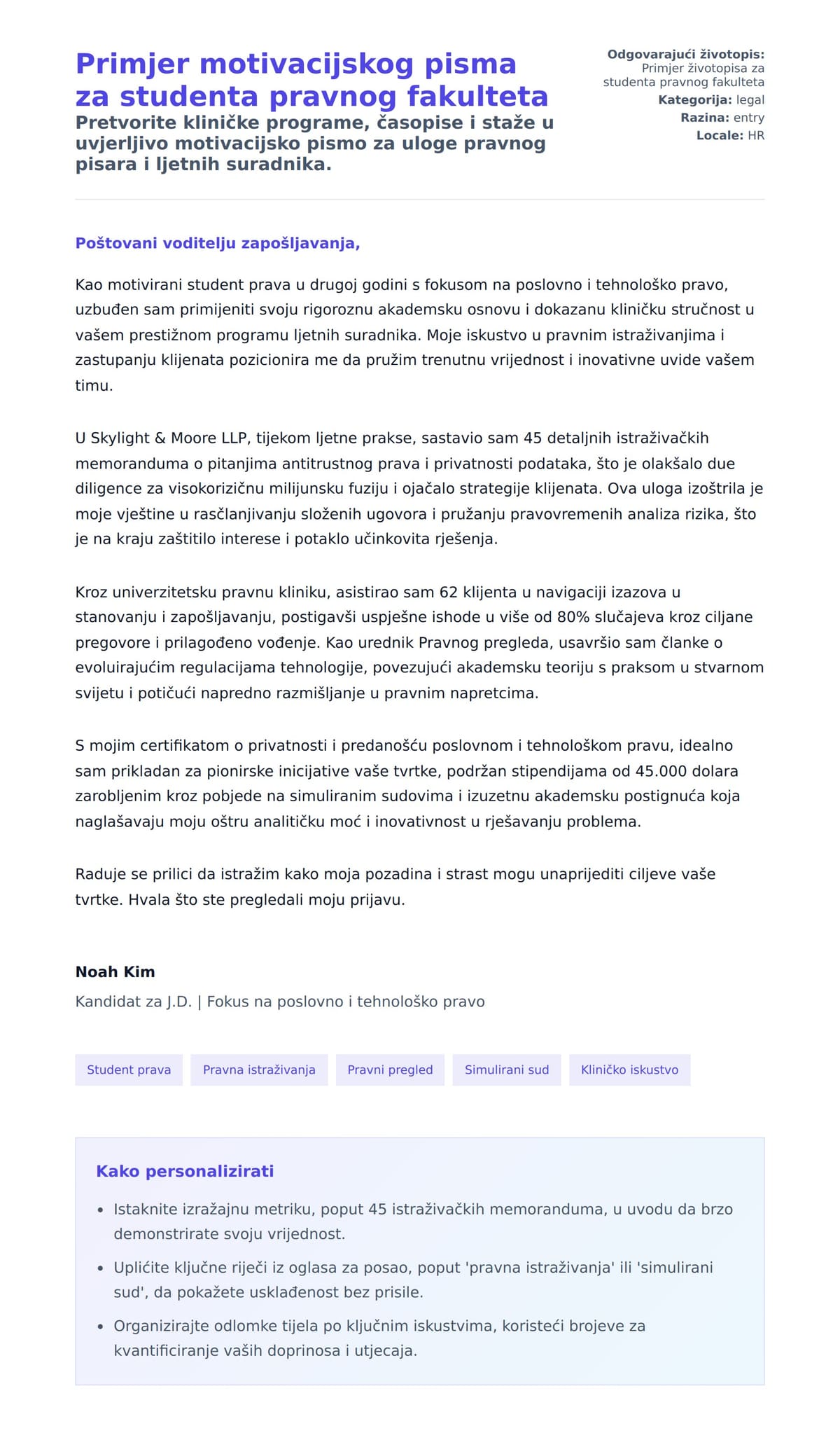 Pregled motivacijskog pisma za Primjer motivacijskog pisma za studenta pravnog fakulteta