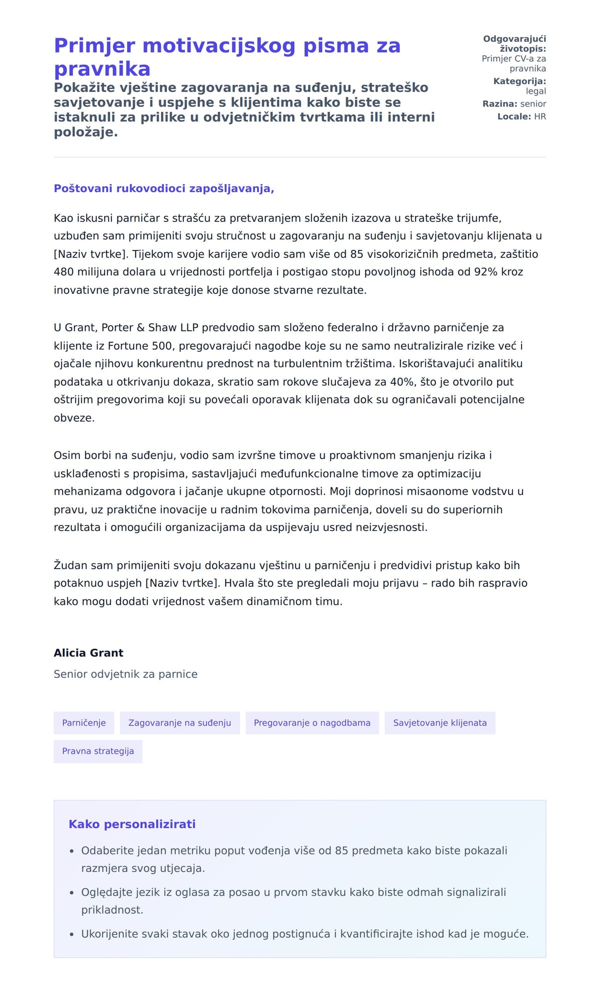 Pregled motivacijskog pisma za Primjer motivacijskog pisma za pravnika