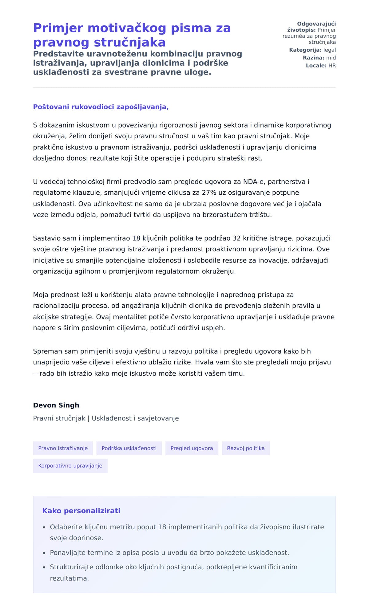 Pregled motivacijskog pisma za Primjer motivačkog pisma za pravnog stručnjaka