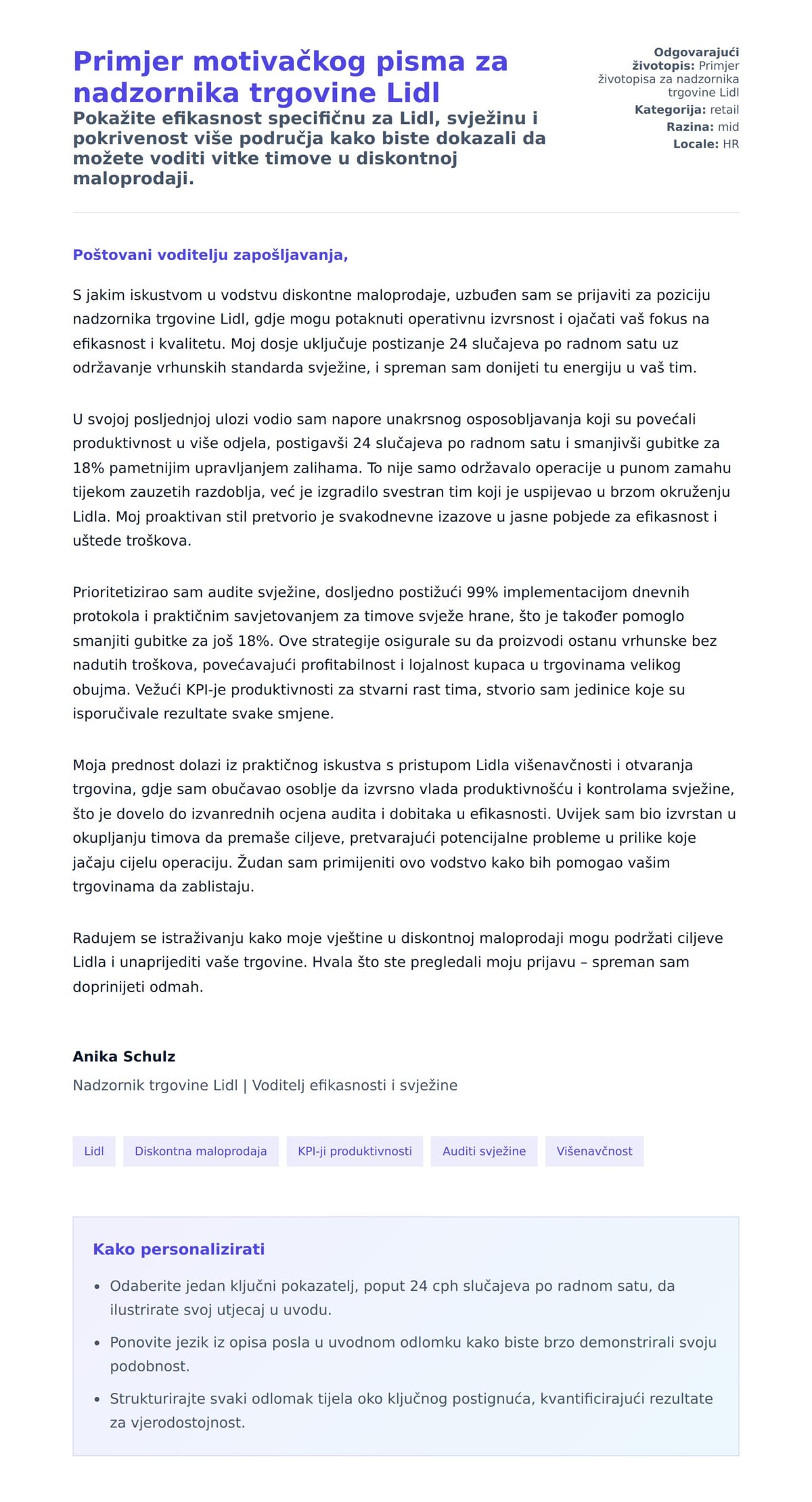 Pregled motivacijskog pisma za Primjer motivačkog pisma za nadzornika trgovine Lidl