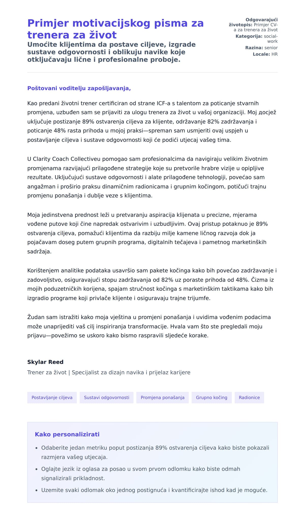 Pregled motivacijskog pisma za Primjer motivacijskog pisma za trenera za život