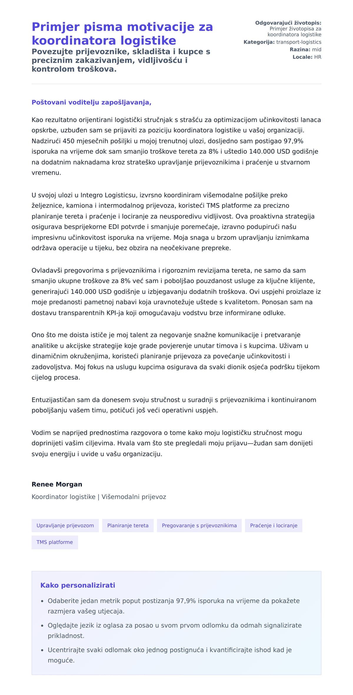 Pregled motivacijskog pisma za Primjer pisma motivacije za koordinatora logistike