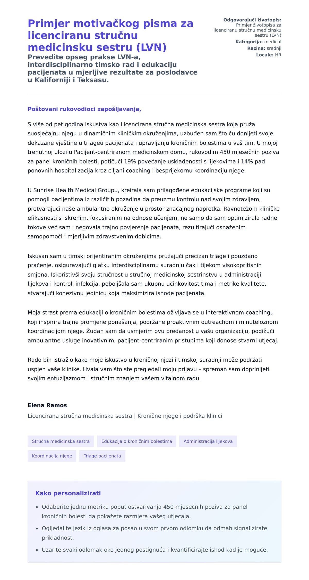 Pregled motivacijskog pisma za Primjer motivačkog pisma za licenciranu stručnu medicinsku sestru (LVN)