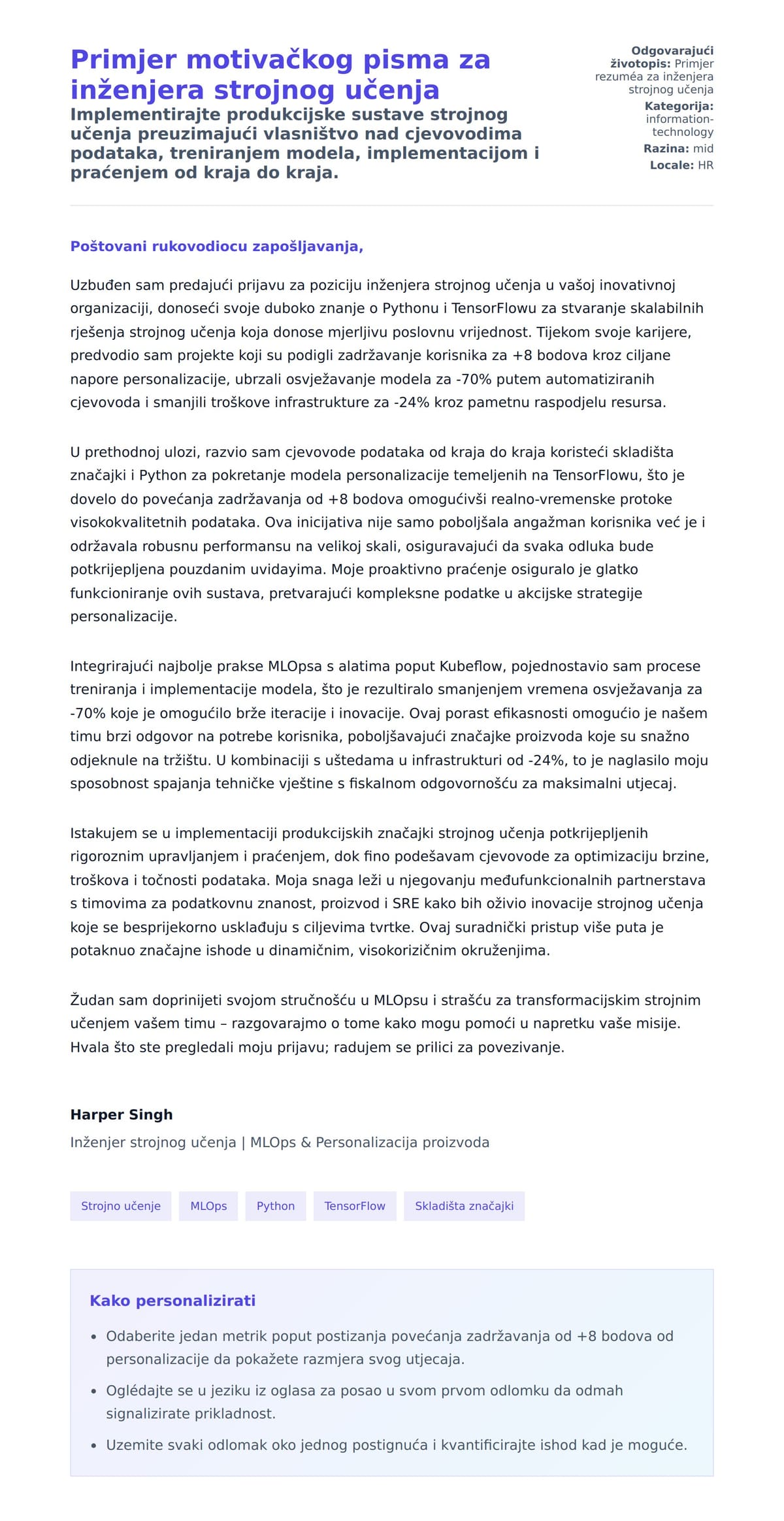 Pregled motivacijskog pisma za Primjer motivačkog pisma za inženjera strojnog učenja