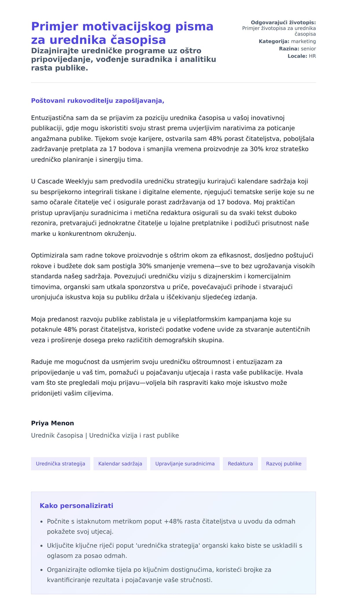 Pregled motivacijskog pisma za Primjer motivacijskog pisma za urednika časopisa