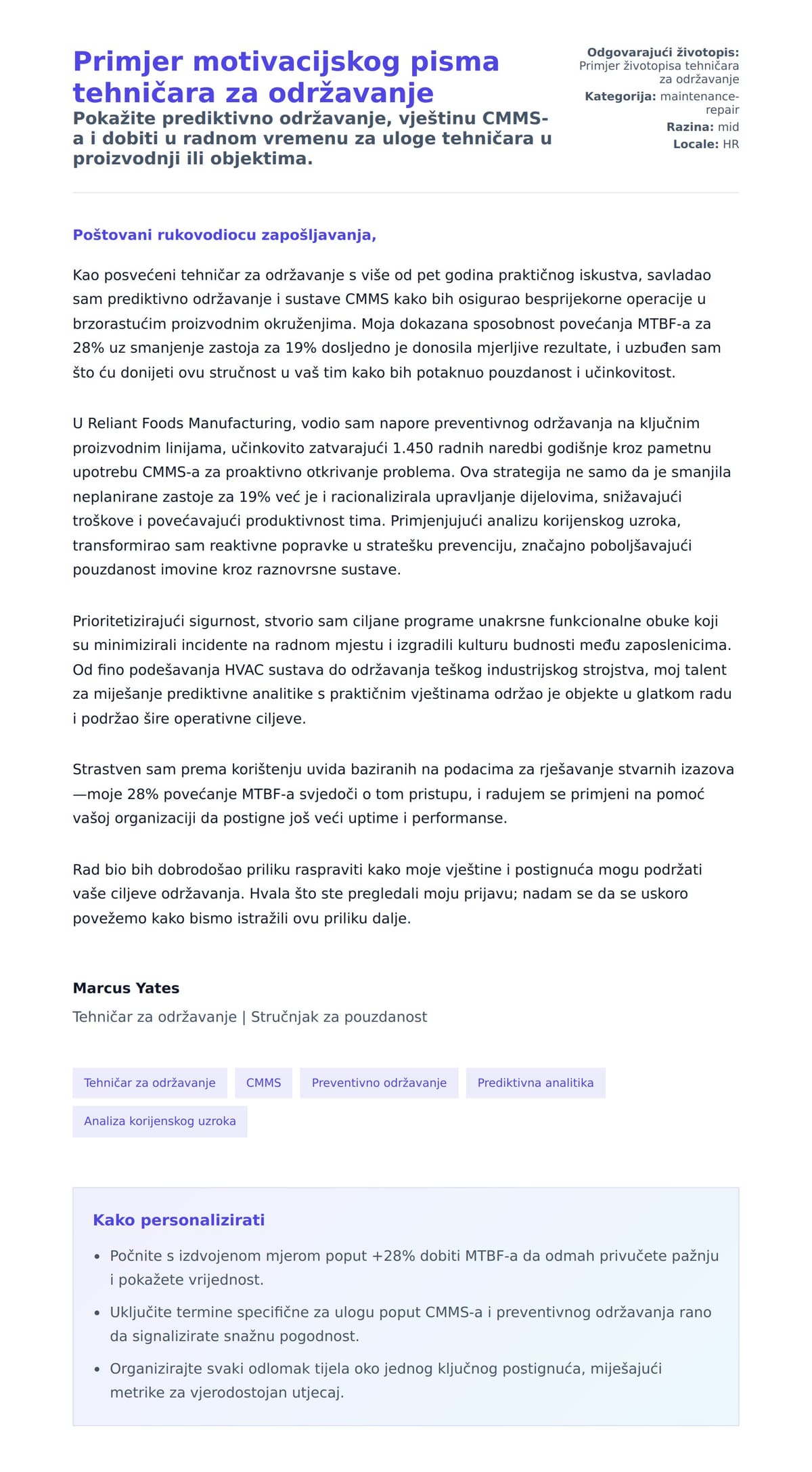 Pregled motivacijskog pisma za Primjer motivacijskog pisma tehničara za održavanje