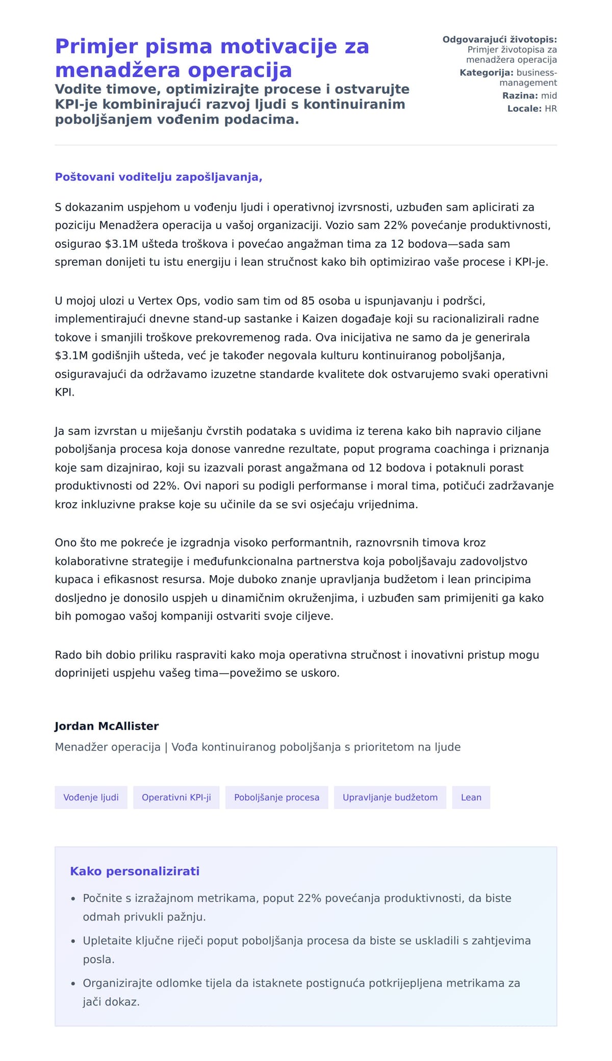 Pregled motivacijskog pisma za Primjer pisma motivacije za menadžera operacija