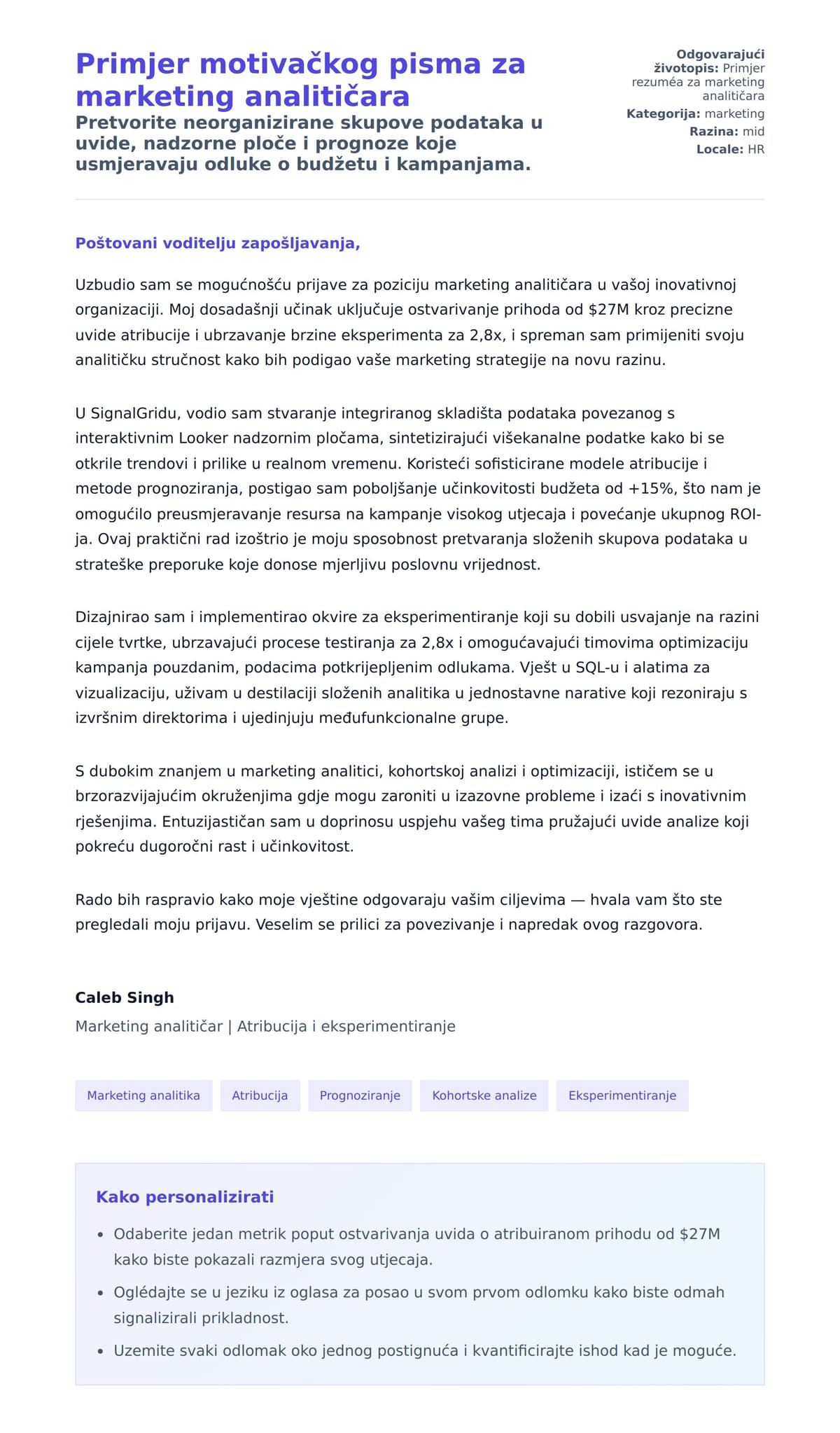 Pregled motivacijskog pisma za Primjer motivačkog pisma za marketing analitičara
