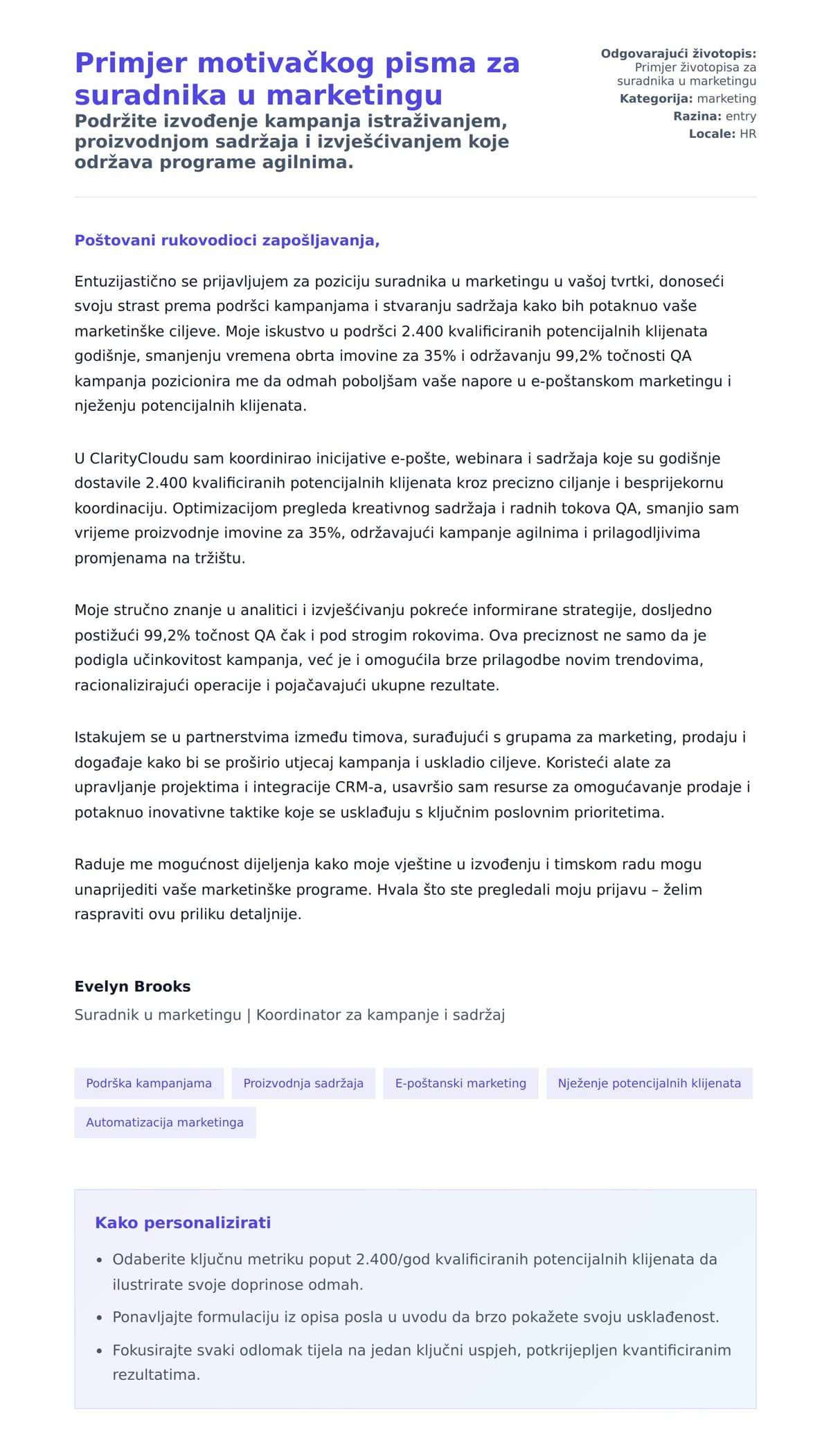 Pregled motivacijskog pisma za Primjer motivačkog pisma za suradnika u marketingu