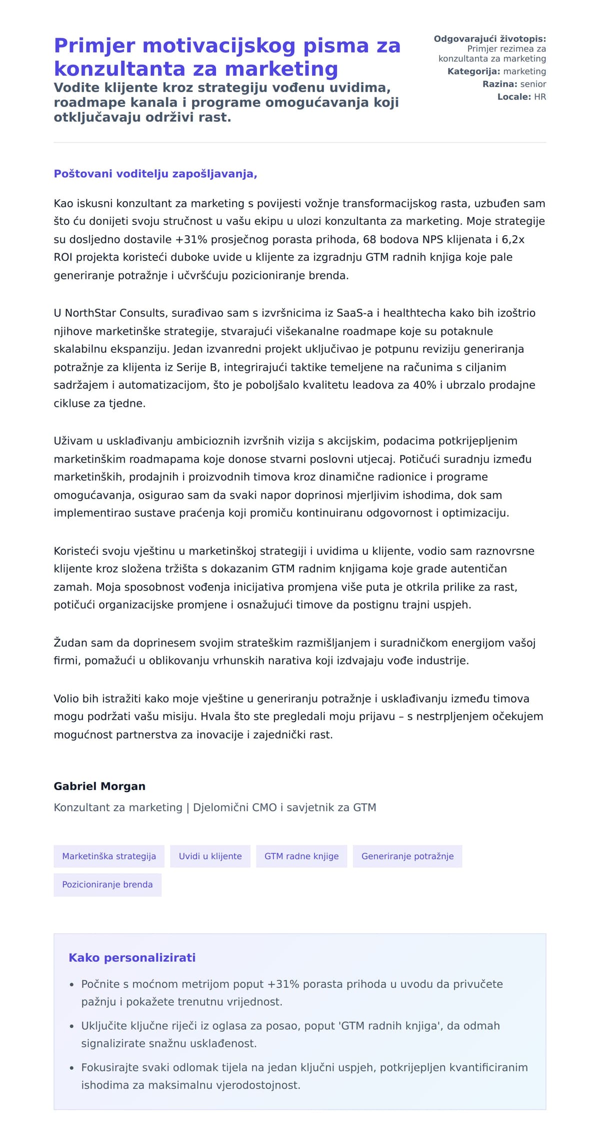 Pregled motivacijskog pisma za Primjer motivacijskog pisma za konzultanta za marketing