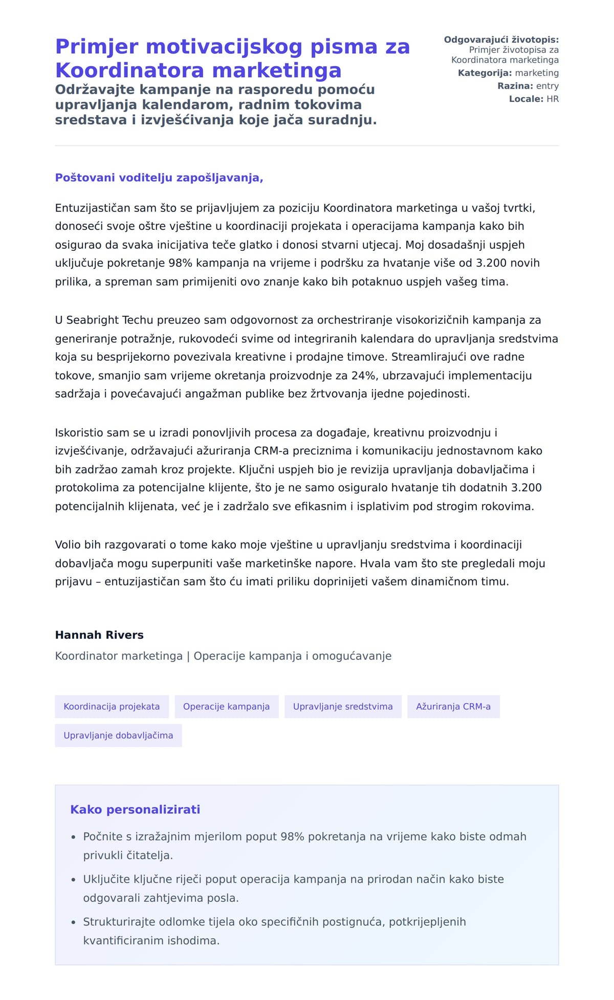 Pregled motivacijskog pisma za Primjer motivacijskog pisma za Koordinatora marketinga