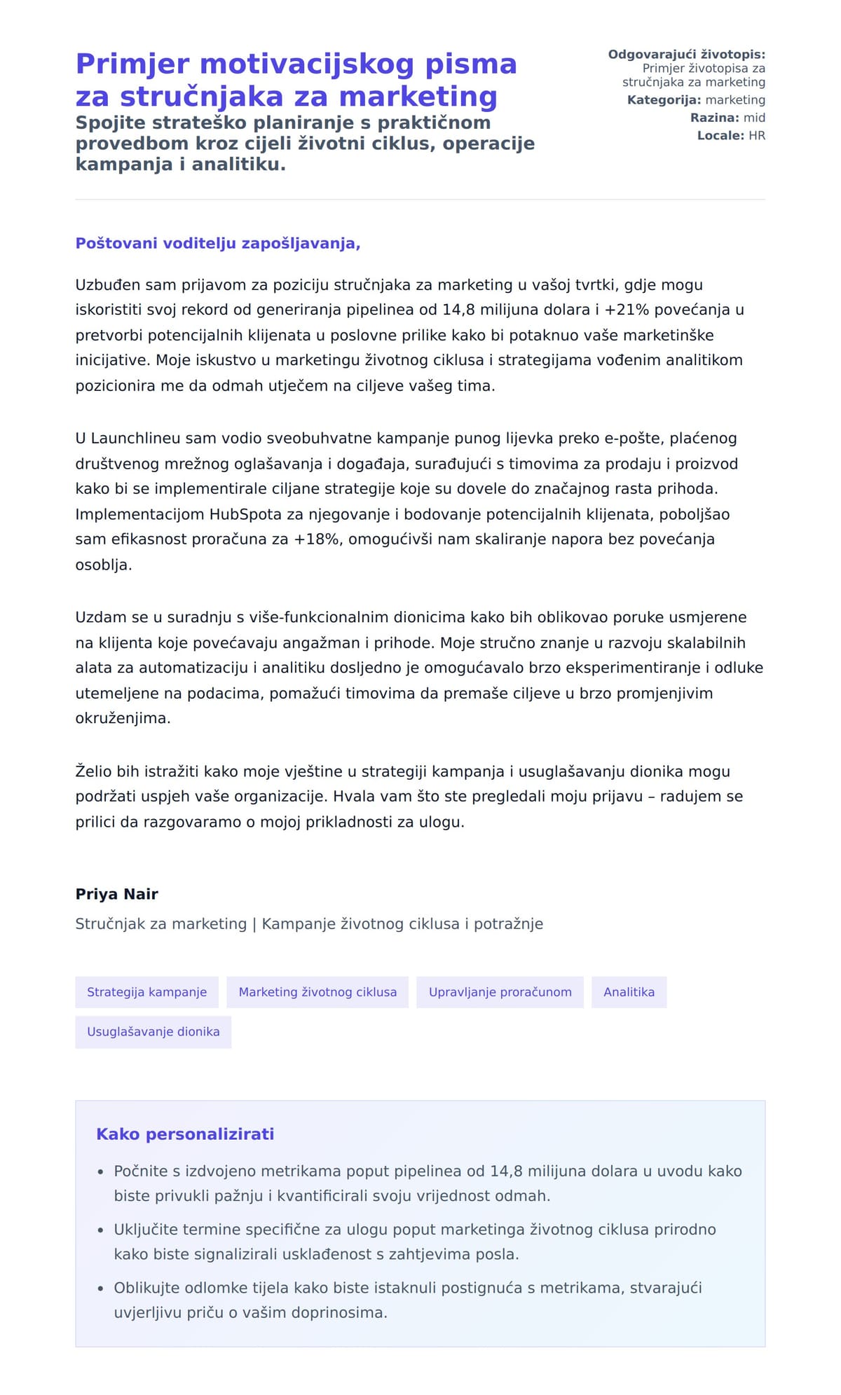 Pregled motivacijskog pisma za Primjer motivacijskog pisma za stručnjaka za marketing
