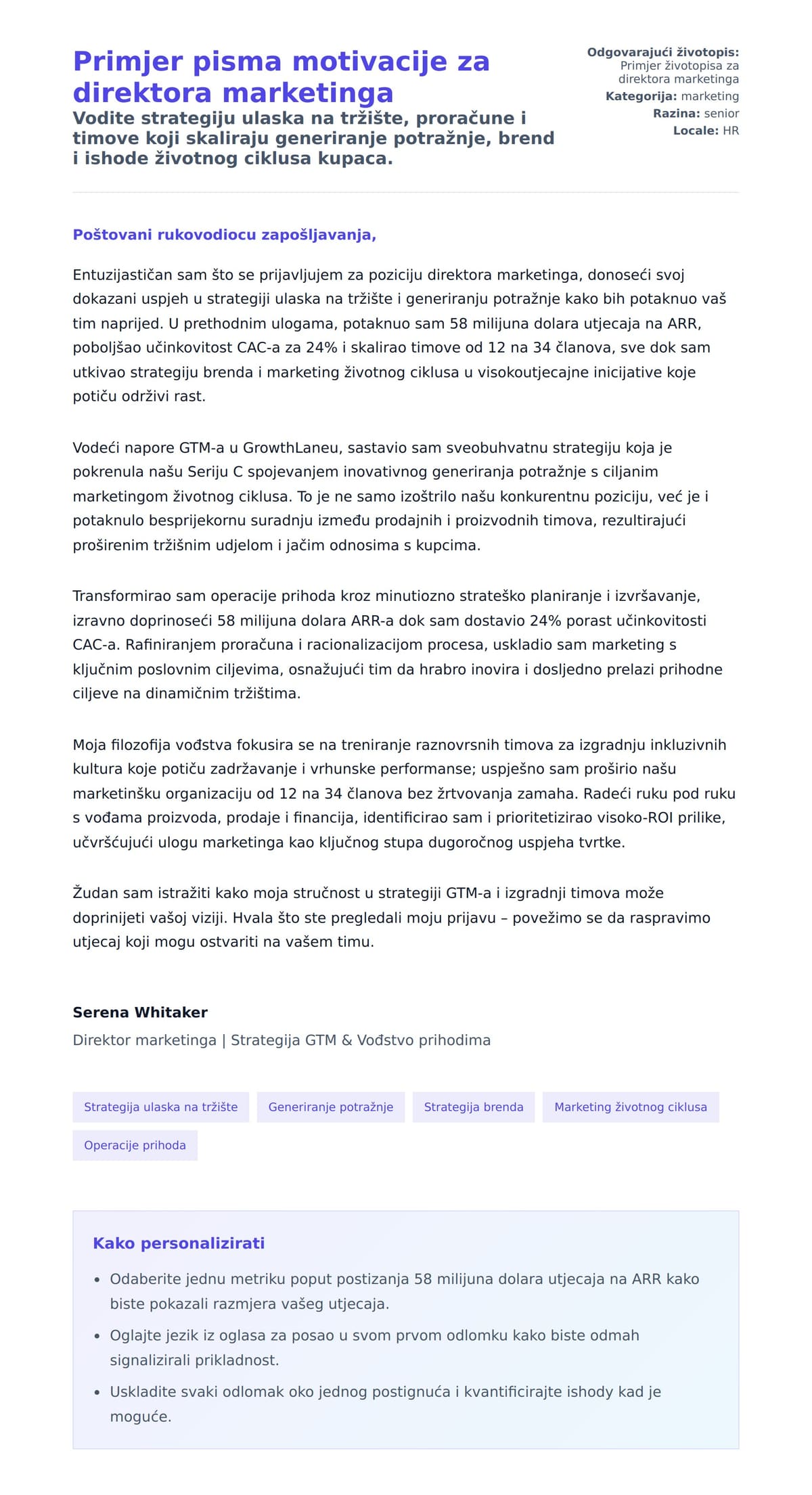 Pregled motivacijskog pisma za Primjer pisma motivacije za direktora marketinga