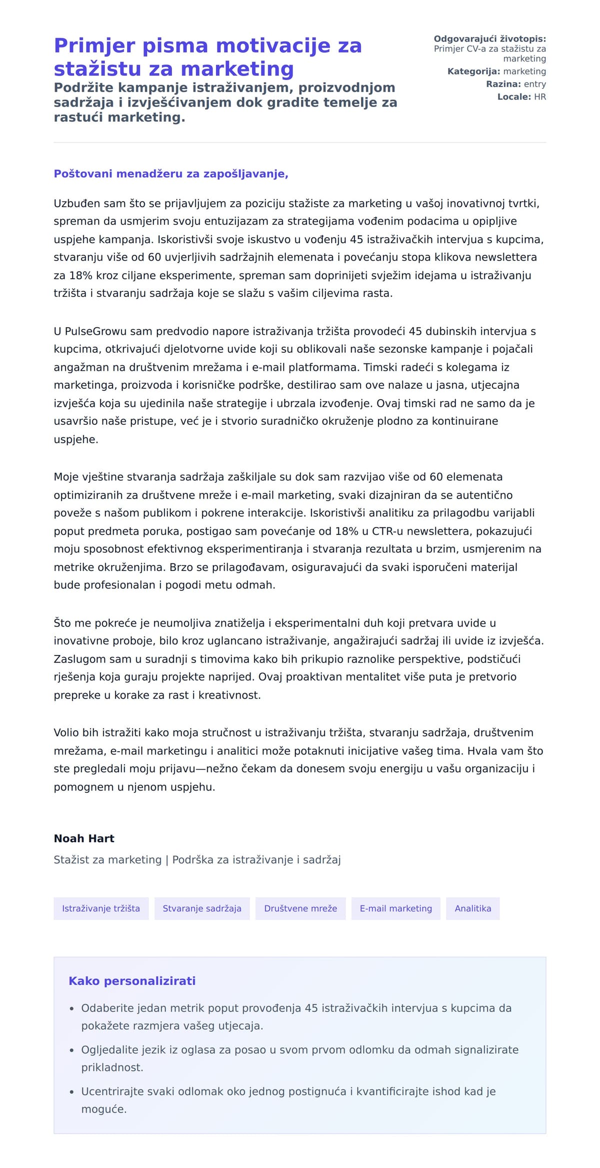 Pregled motivacijskog pisma za Primjer pisma motivacije za stažistu za marketing