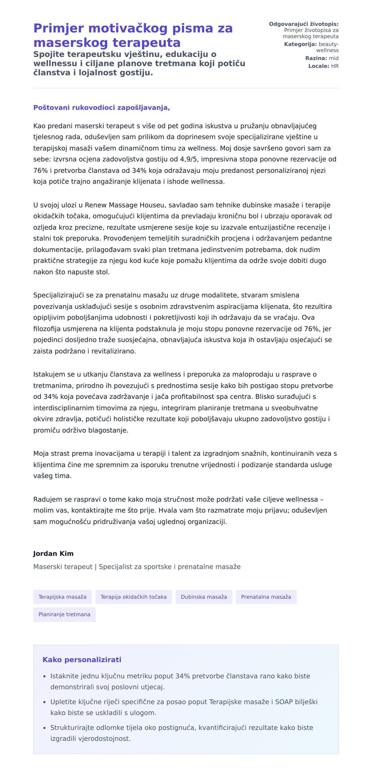 Primjer motivačkog pisma za maserskog terapeuta