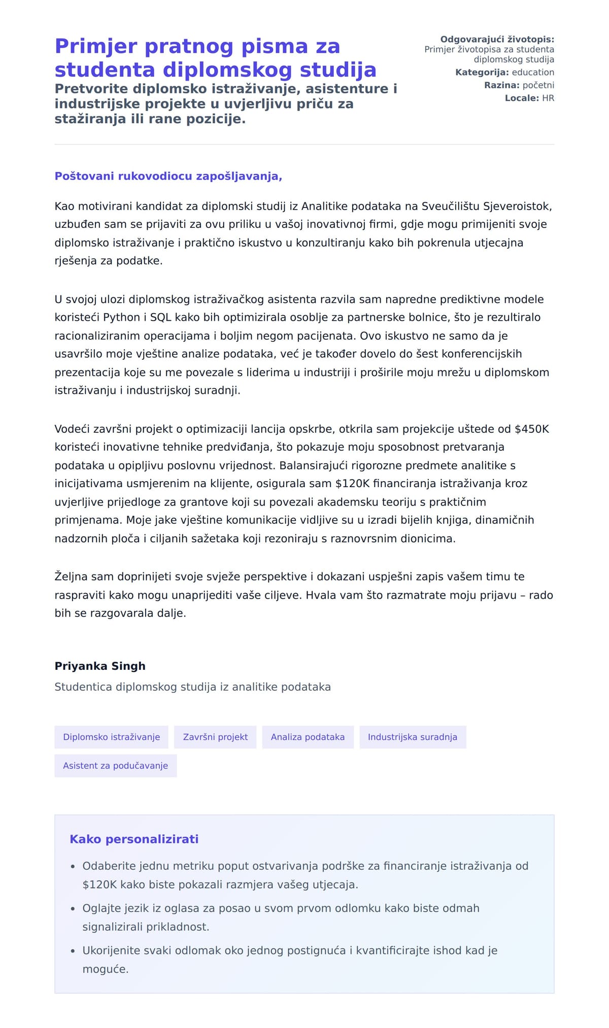 Pregled motivacijskog pisma za Primjer pratnog pisma za studenta diplomskog studija