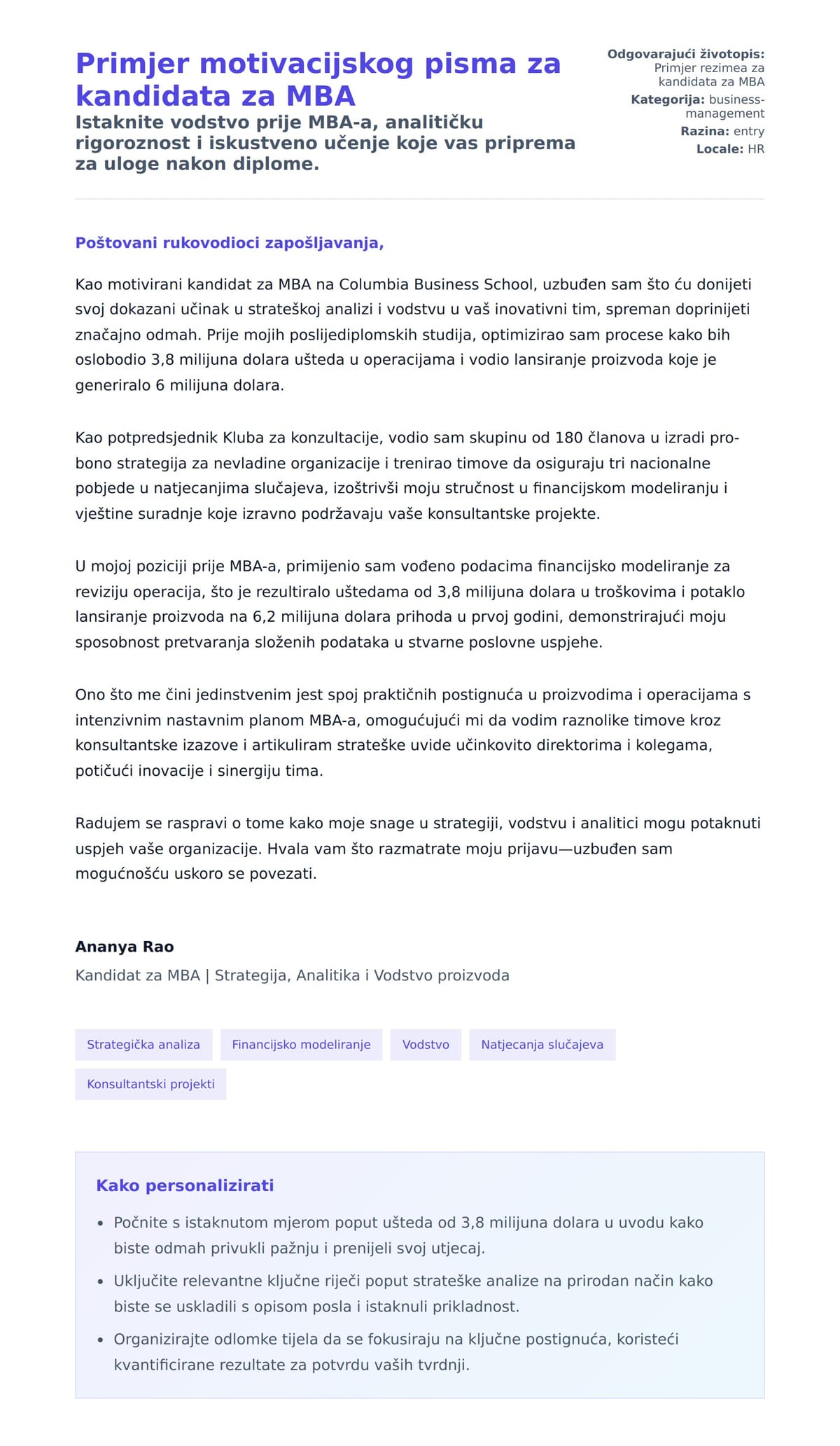 Pregled motivacijskog pisma za Primjer motivacijskog pisma za kandidata za MBA