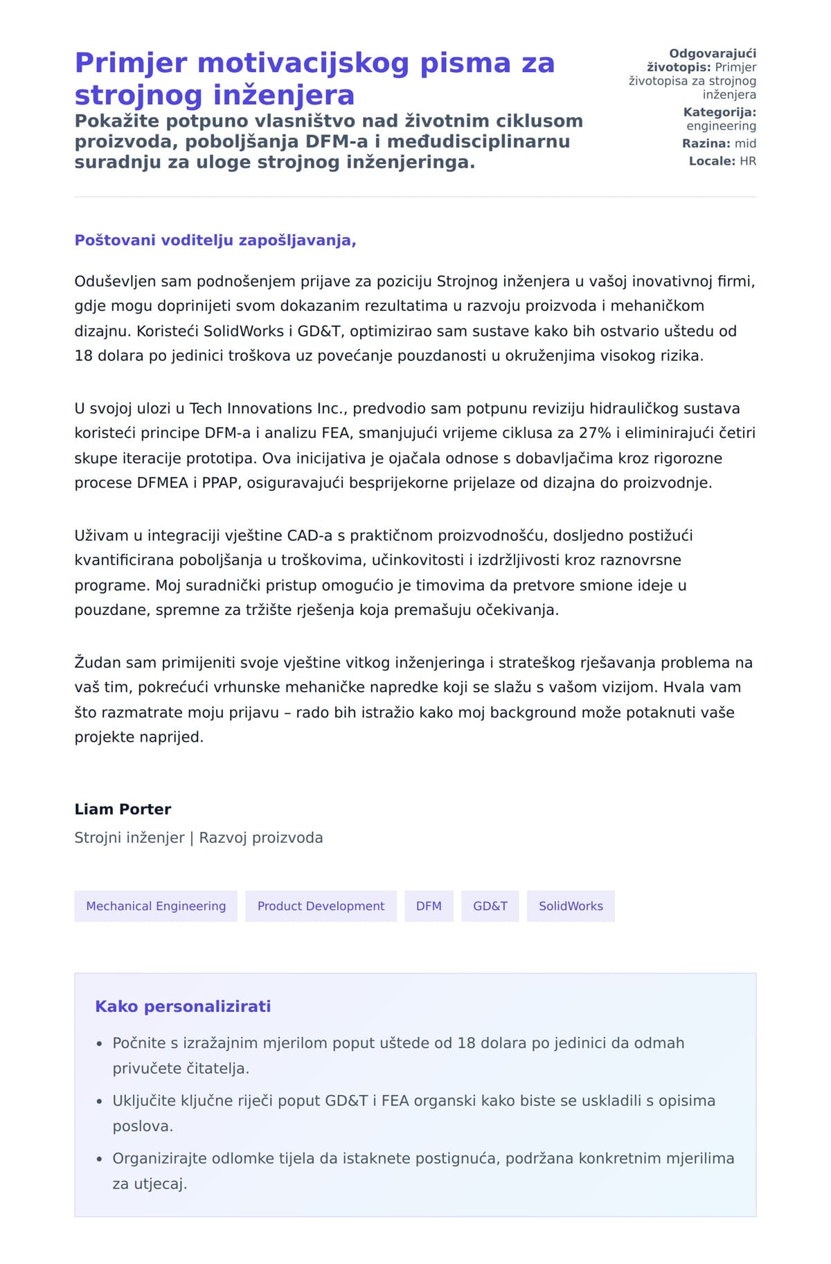 Pregled motivacijskog pisma za Primjer motivacijskog pisma za strojnog inženjera
